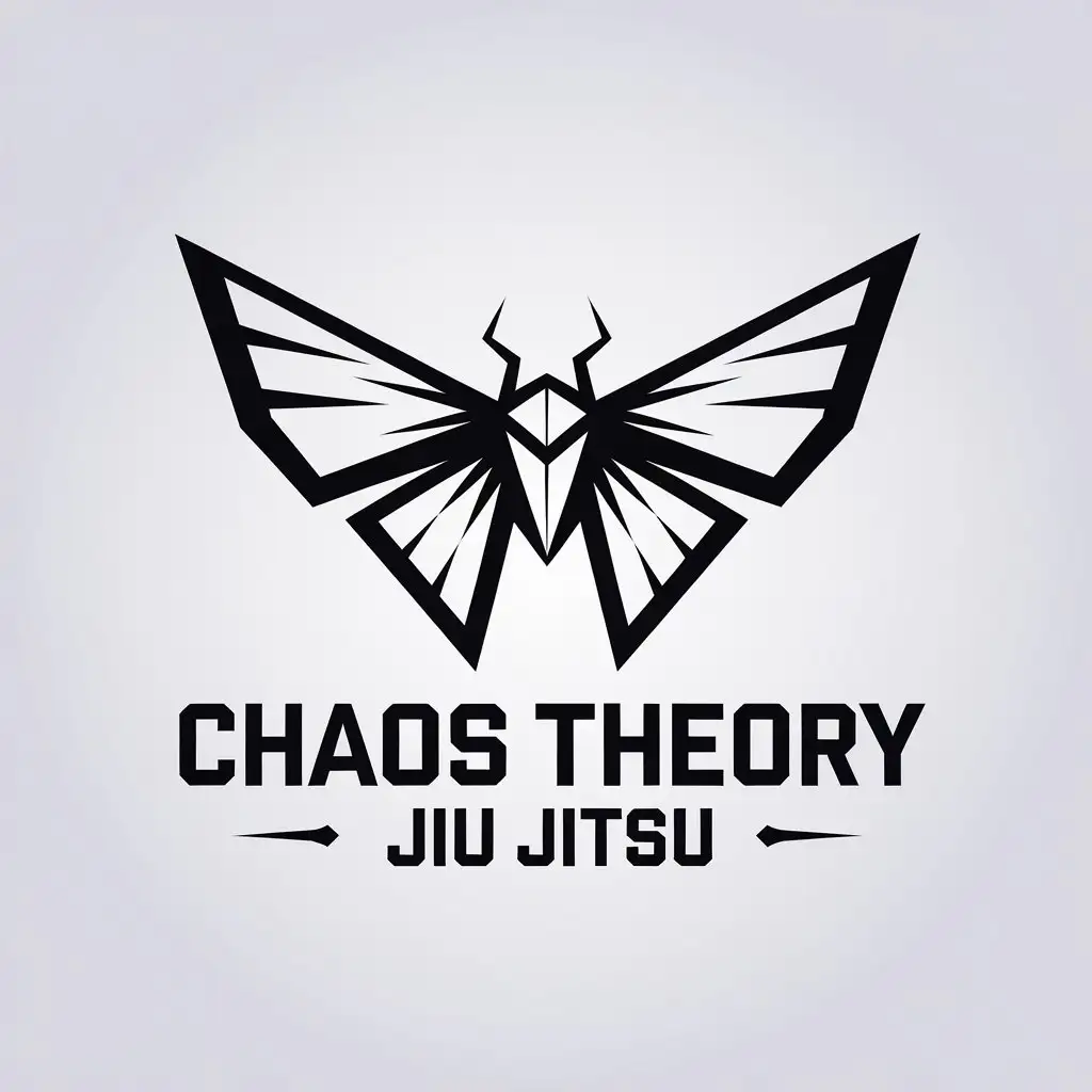 LOGO Design for Chaos Theory Black White Butterfly Emblem with Sharp Angular Wings and Bold Text