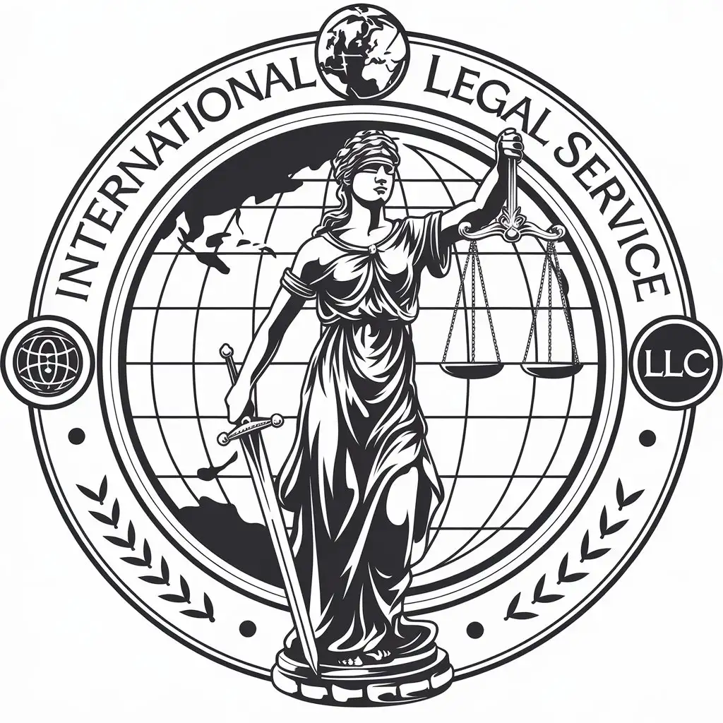 a vector logo design,with the text "INTERNATIONAL LEGAL SERVICE LLC", main symbol:Themis, World,complex,clear background