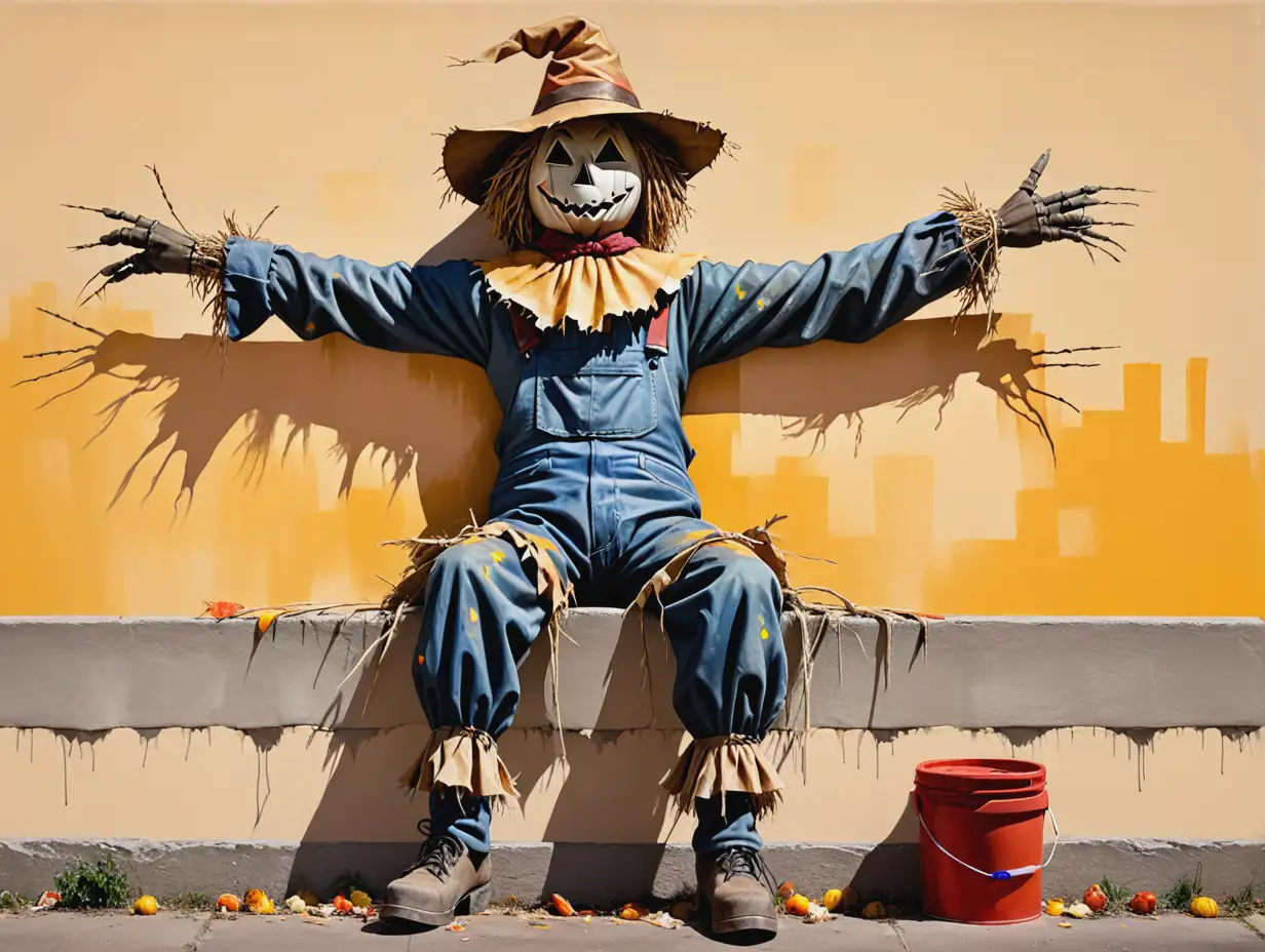 Scarecrow-Sitting-on-a-Wall-with-a-Painting-in-the-Background