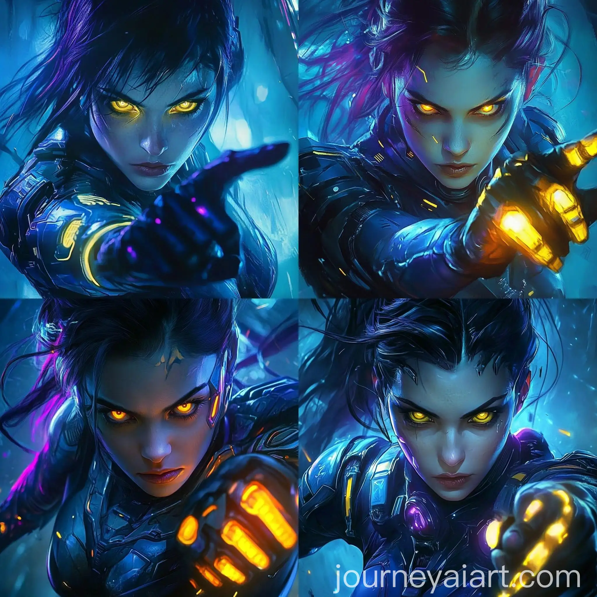 Futuristic-Female-Warrior-in-Deadly-Blue-Armor-with-Glowing-Yellow-Accents