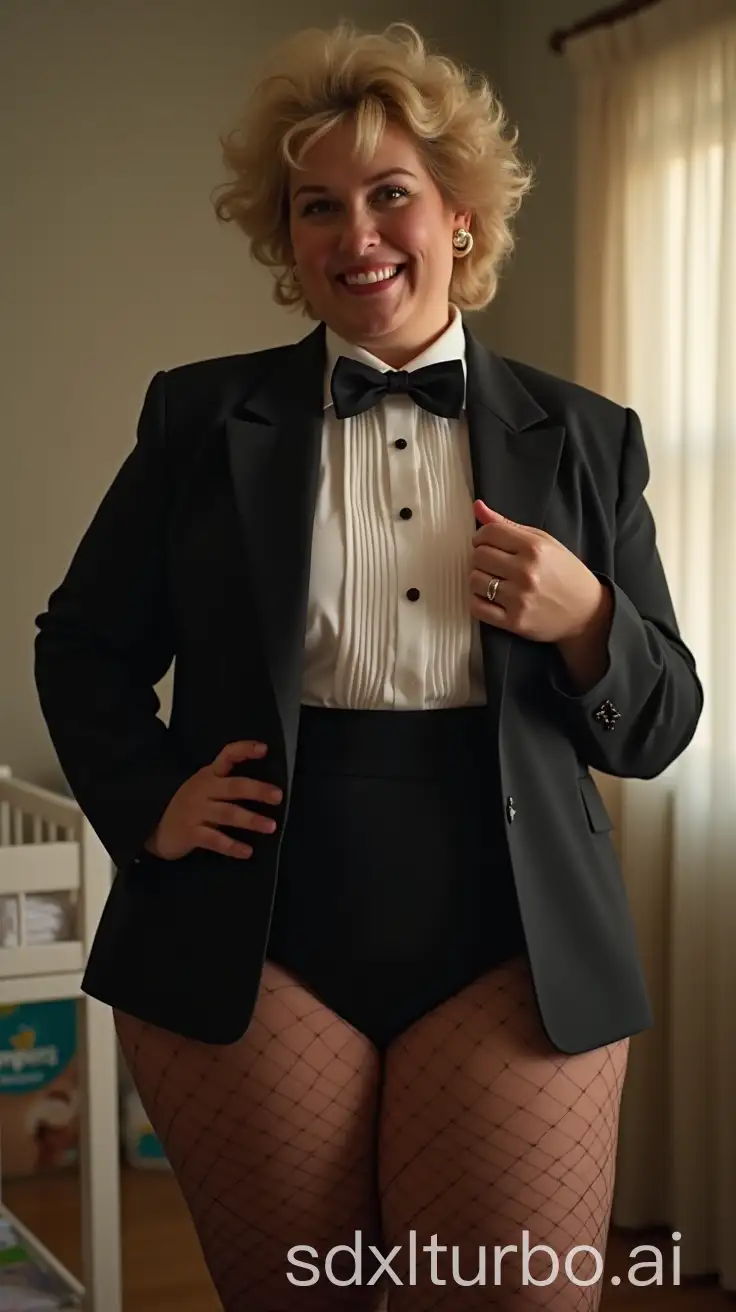 MiddleAged-Woman-in-Formal-Orchestra-Tuxedo-in-Nursery-with-Pampers-Diapers