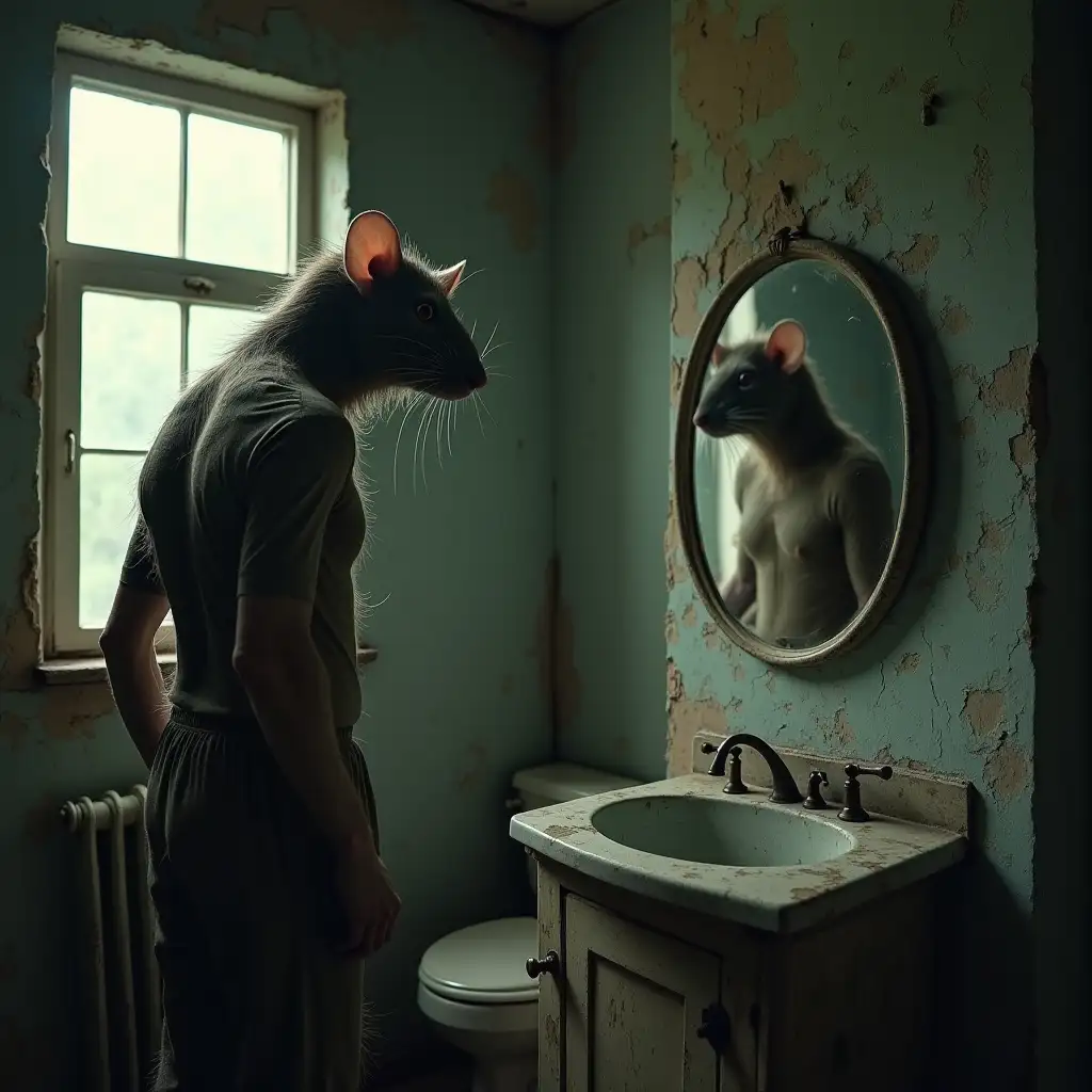 Man-with-Rat-Head-Reflecting-in-a-Dilapidated-Bathroom