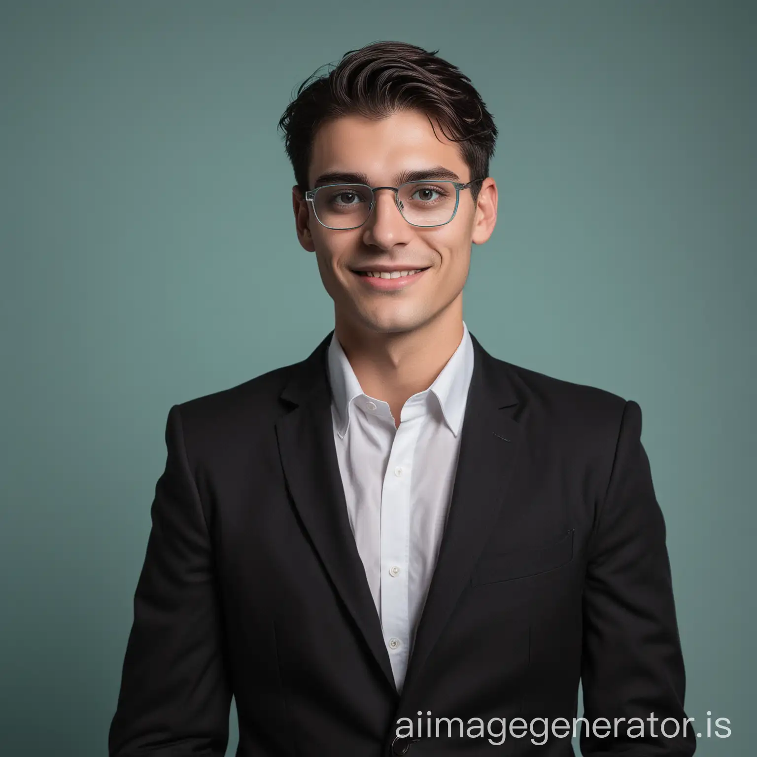 A young men with dark hair and a confident smile he is dress a black blazer over a white shirt and glass on eyes A man is positioned against aqua colour backdrop with a subtle red lighting of the rate site and posing for linkedin profile