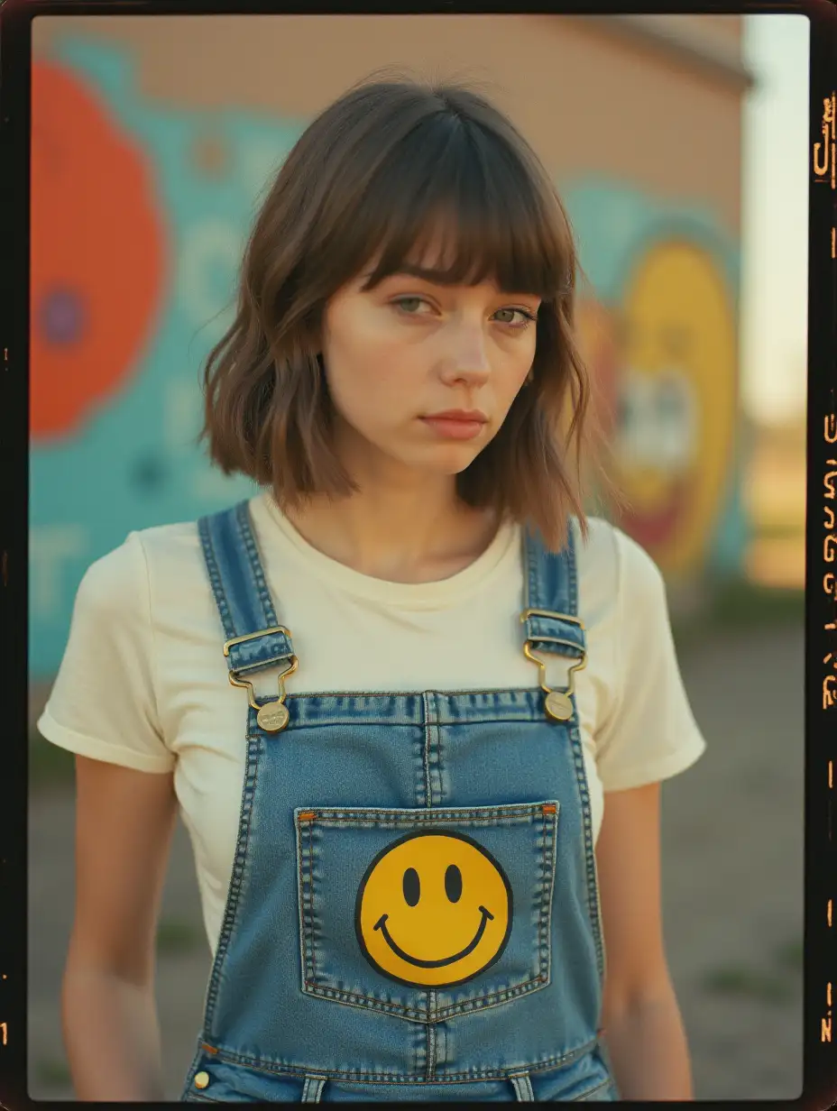 photo, 90s vintage, 35mm, a girl in denim overalls ((add a 90s house music type smiley on the overalls)), medium short 90s style hair with fringe, urban murals background, film burn effect at the edges of the photo (colour between red, orange, yellow) random, diffused natural light, volumetric (volumetric: 1.2), vintage polaroid effect, analogue, grain, artefact, lomo. (add small writing at the bottom left, like a signature in 'Denny2025' style)