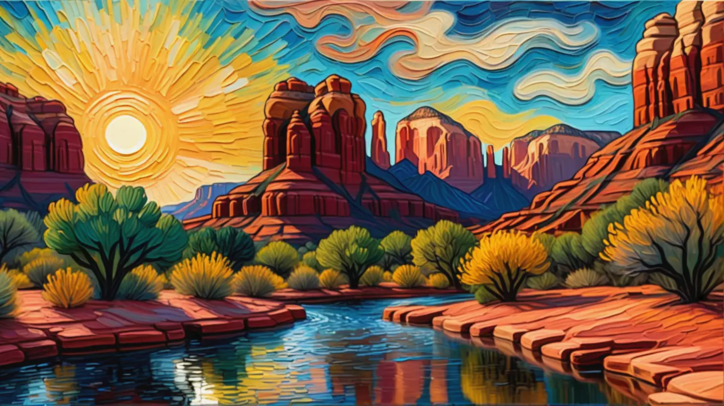 Vibrant Sedona Arizona Landscape with Water and Sunrise Van Gogh Style