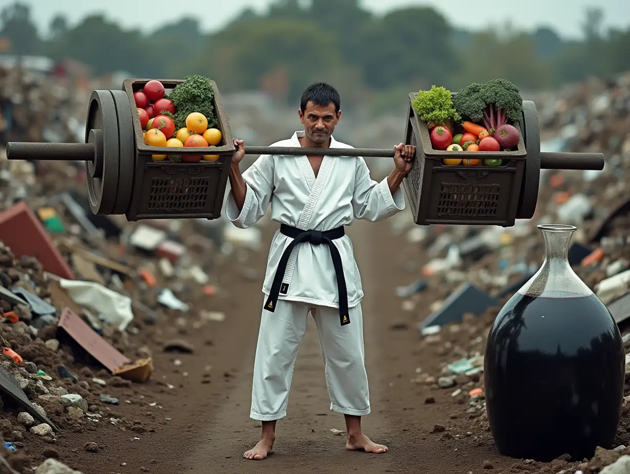 Realistic photograph of a martial arts master, wearing a white Taekwondo kimono with a black belt, lifting a barbell with two crates of fruit and vegetables instead of weights. The photo is taken in a rubbish dump full of rubbish and dirt. Next to him is a huge demijohn of black wine. The photo is ridiculous.