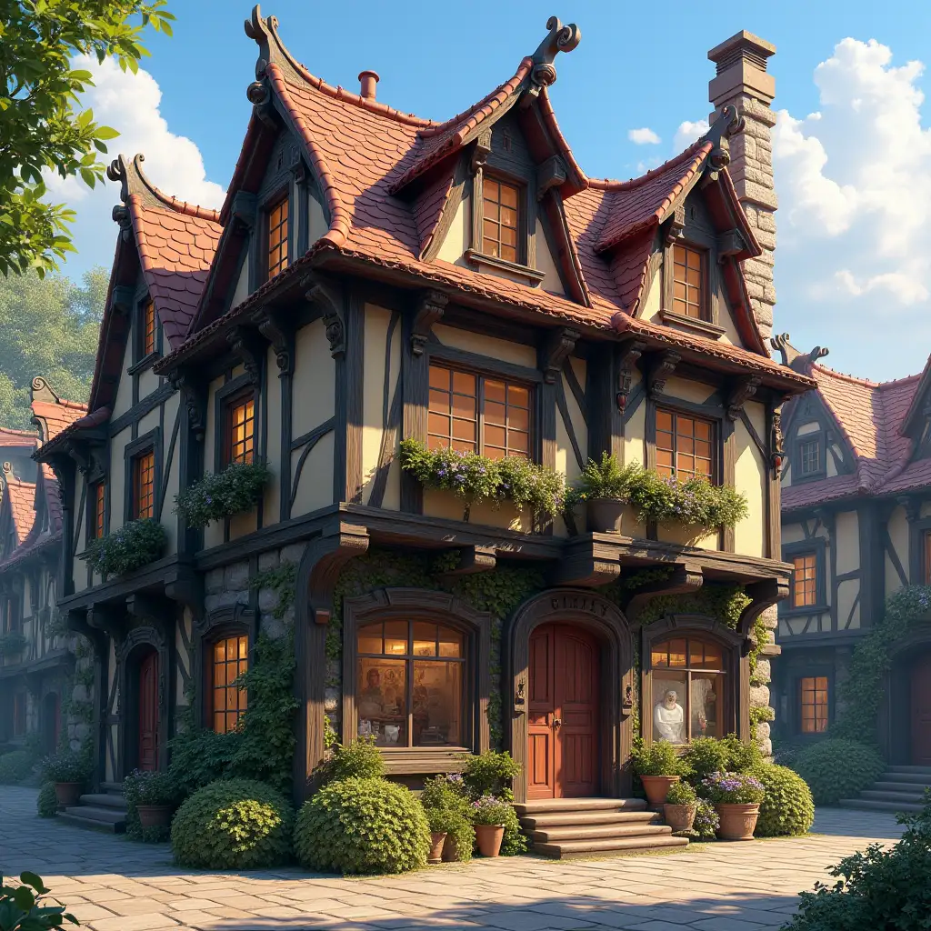 Exterior-of-a-Magical-Engineers-Shop-in-Aelibra-Medieval-Fantasy-Style