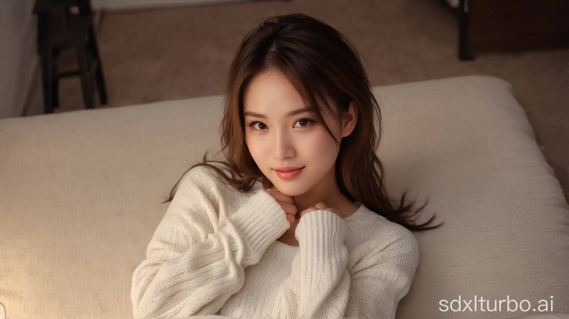 Chinese beauty, fair skin, sweet smile, brown hair, fully made up whitewash, winter night, white tight-fitting sweater, large chest, lying in the living room, shooting overhead