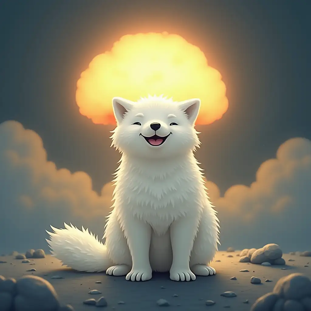 Background - nuclear mushroom. A smiling white chubby polar fox is standing.