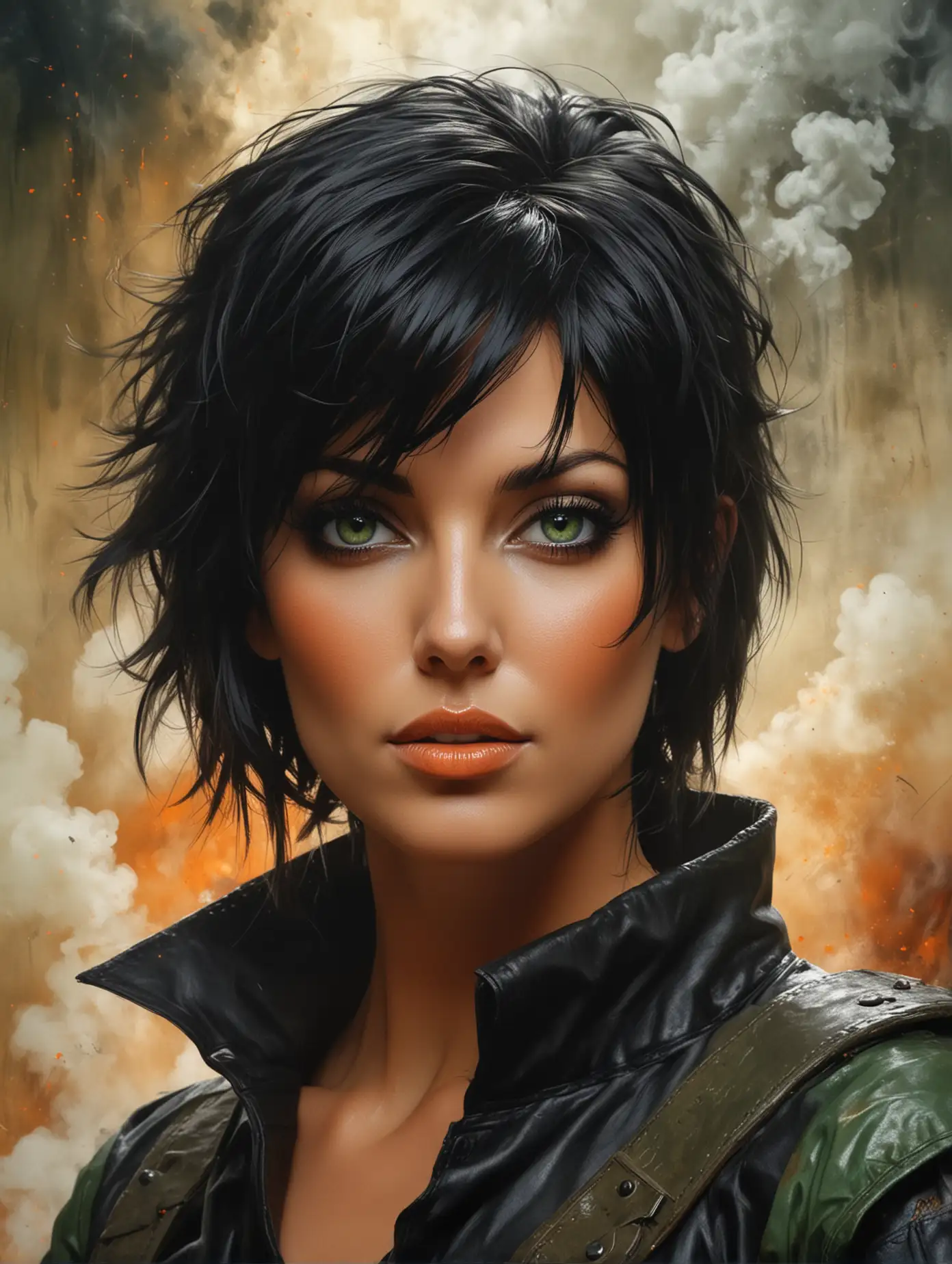 by milo manara , Abstract digital portrait of a beautiful dylan ryder with striking green eyes and dark, bold makeup. black hair and minimal warrior clothes,The background features textured layers of big gradd and fantasy white and orange smoke, enhancing the mysterious atmosphere. The style combines elements of realism and abstraction, highlighting the woman's features amidst a chaotic but visually compelling design