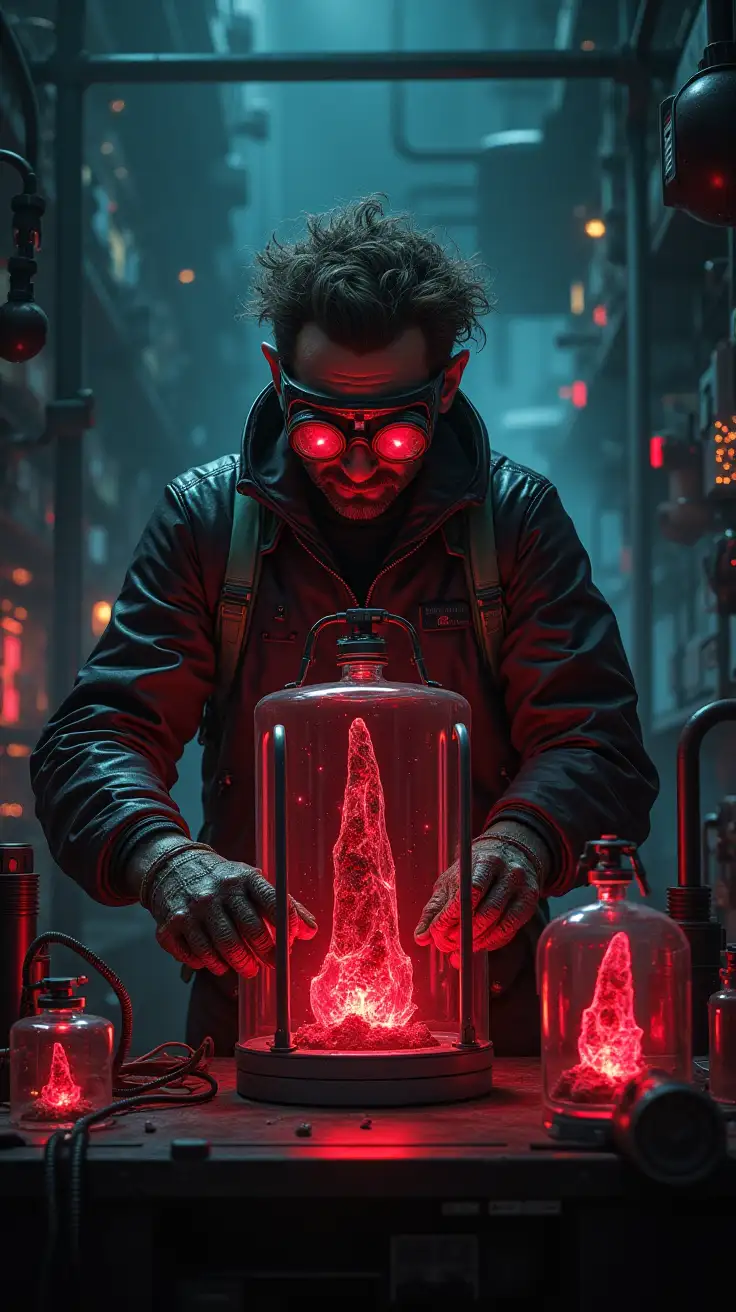 Depict a tall, wiry scientist in his 50s working obsessively in a chaotic, high-tech laboratory. He has wild, unkempt hair and oversized, glowing multi-lensed goggles. His futuristic lab coat is reinforced with metallic panels and utility straps, cluttered with tools and glowing data pads. His gloved hands carefully operate a high-tech containment unit holding a jagged DarkX crystal-a deep black object with glowing red veins pulsing ominously. The containment unit is a reinforced, glass-like enclosure with glowing locks and robotic arms shielding the volatile crystal. The lab is dark and industrial, with towering machines, sparking conduits, and cluttered workbenches. Holographic projections surround the crystal, displaying molecular structures, energy readings, and warnings. Nearby, other containment units hold similar crystals, their red veins glowing faintly in sync.  Dim lighting casts shadows across the metallic surfaces, while the crystal’s red glow reflects off the goggles and equipment. Steam rises from pipes, and occasional arcs of electricity crackle, adding tension to the scene. The color palette is dominated by deep blacks, metallic grays, and the vivid red glow of the crystals, creating a gritty, foreboding atmosphere that highlights the danger and intensity of the experiment.