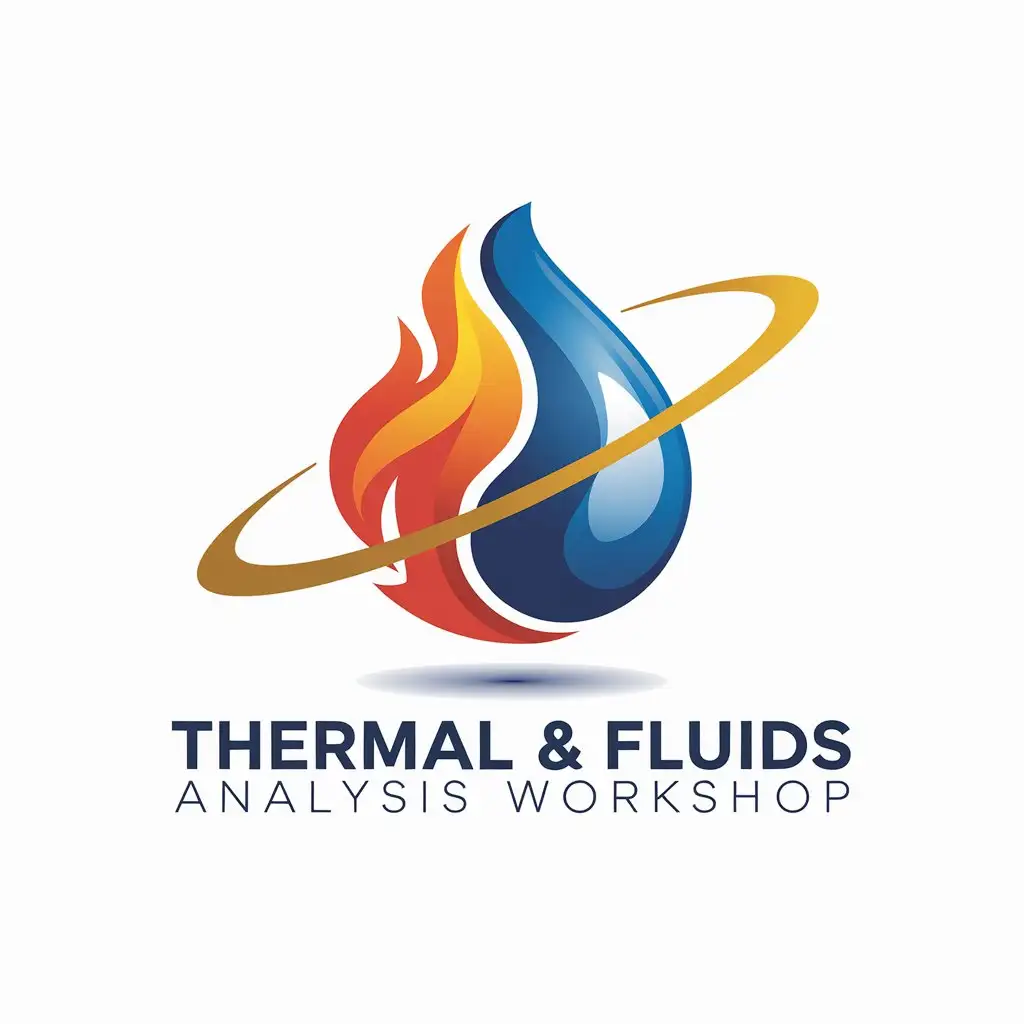 LOGO Design for Thermal Fluids Analysis Workshop Water Droplet with Fire and Water Elements Golden Orbit for Technology Industry