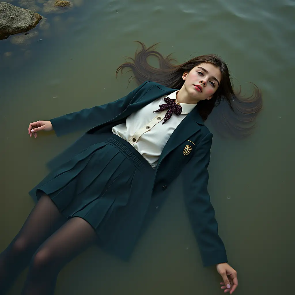 A young schoolgirl in a school uniform, in a skirt, jacket, blouse, dark tights, high-heeled shoes. She is swimming in a dirty pond, lying under water, all her clothes are completely wet, wet clothes stick to her body, the whole body is under water, submerged in water, under the surface of the water, below the water's edge.