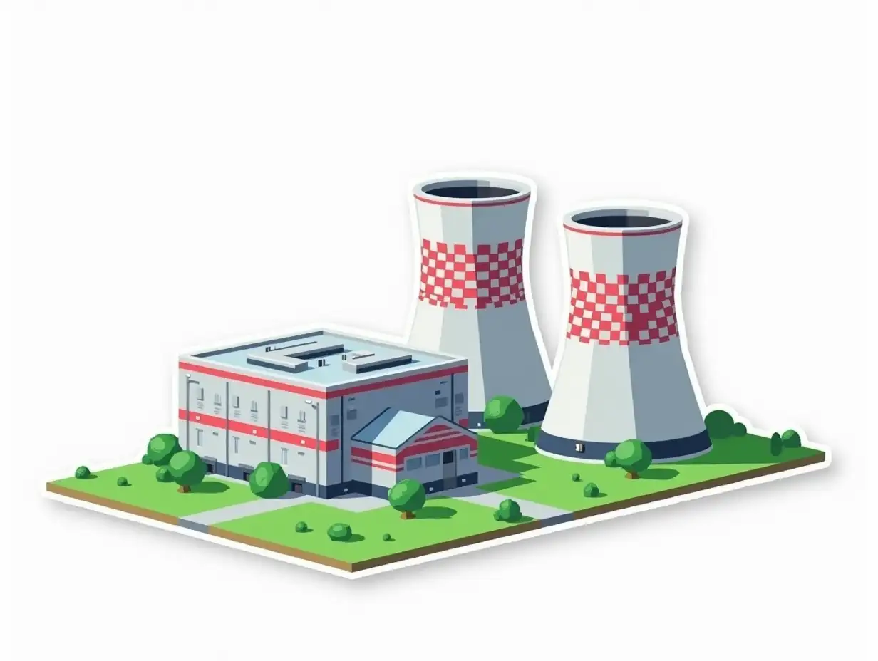 nuclear power plant like Russian nuclear power units reactor of PWR type, next to it is a square industrial building with round roof with horizontal white, blue and red stripes and no windows, in the background are two cooling towers with a strip of red and white squares in a checkerboard pattern. Sticker design - top view, high resolution, vector graphics, white background, anime-style coloring.