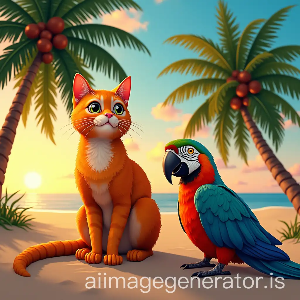 Orange-Cat-and-Macaw-Enjoying-a-Sunset-Beach-Day-with-Palm-Trees