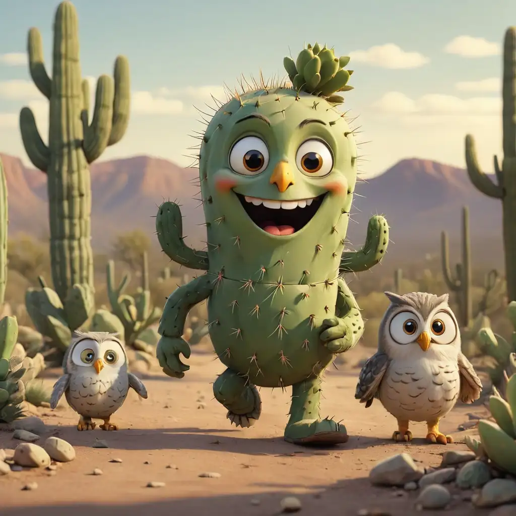 Cheerful Cartoon Cactus Walking with Owl Companion