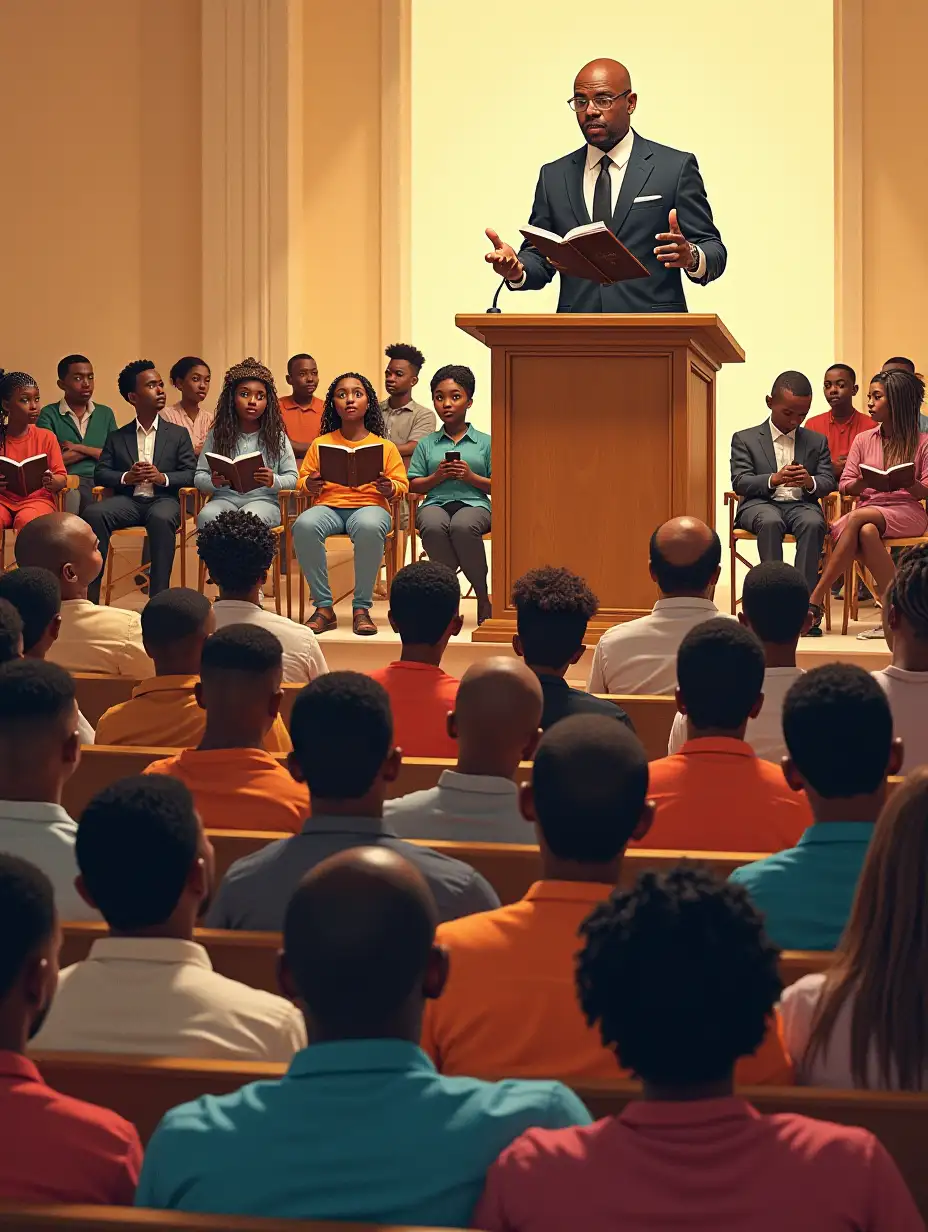 Draw a picture of Mandisi as a Pastor preaching in a pulpit and the congregation full listening to the word attentively with bible in their hands.