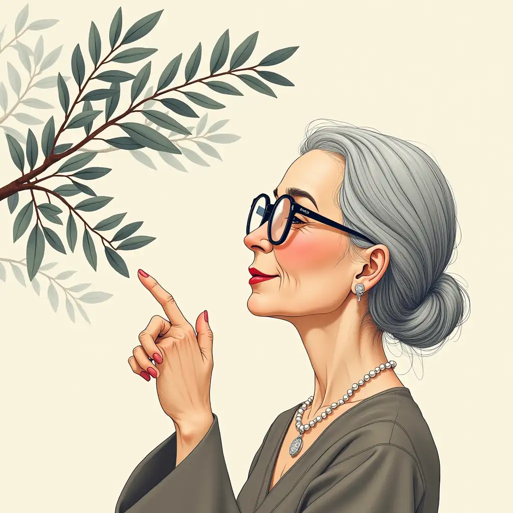 Profile of intellectual aunt with a slight smile, fine framed glasses hanging on the bridge of her nose, gently pointing her index finger to the acupoint, pearl necklace slipping down her wrist, background of seven-mile-long fragrant olive branches stained with ink wash painting.