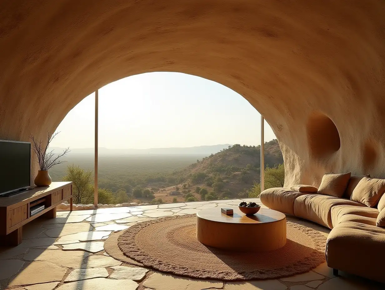 Crooked house large, with curved furniture, curved spacious living room of natural stone terraces, view of the distant savannas