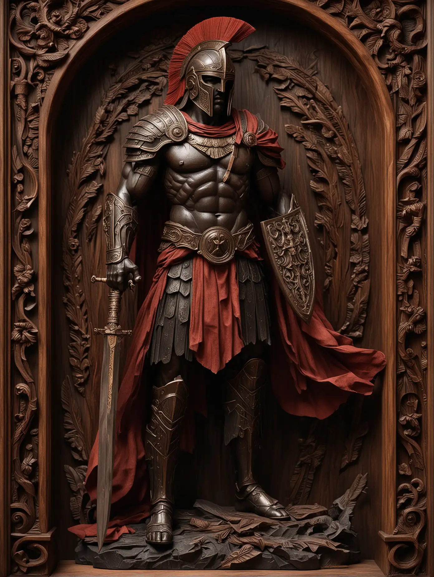 The carved wooden figure portrays an ancient Spartan warrior dressed in a striking black uniform, emphasizing his bold presence. He stands tall, holding a sword with a poised and commanding grip, showcasing his readiness for battle. The intricate woodwork captures the details of his armor and flowing red garment. A decorative wood frame surrounds the sculpture, enhancing its classical and timeless appearance.