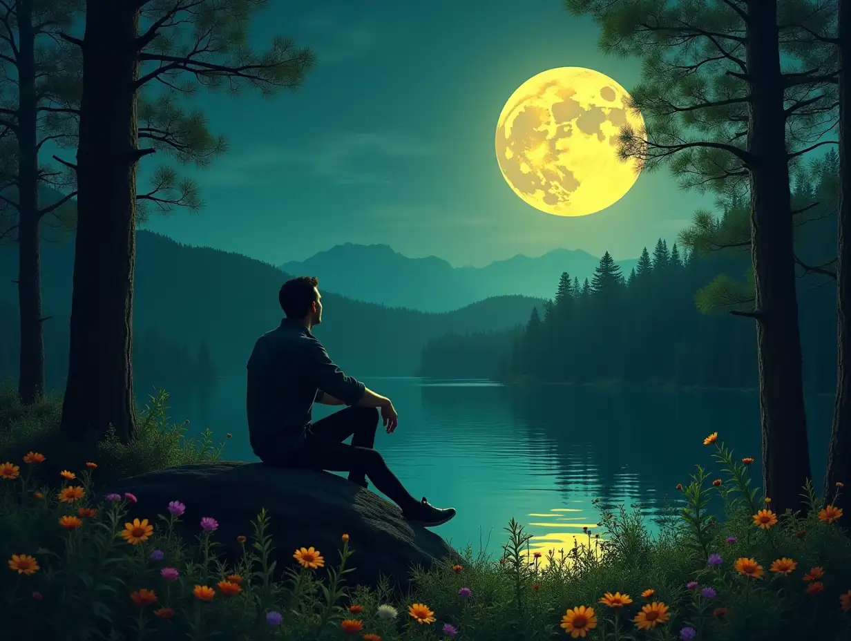 A man in deep love, thinking about a woman, in the green forest in night. Bright yellow Moon in sky. forest full of colourful flowers. Big lake behind man, sitting on edge on big rock, stretching arms to call women.