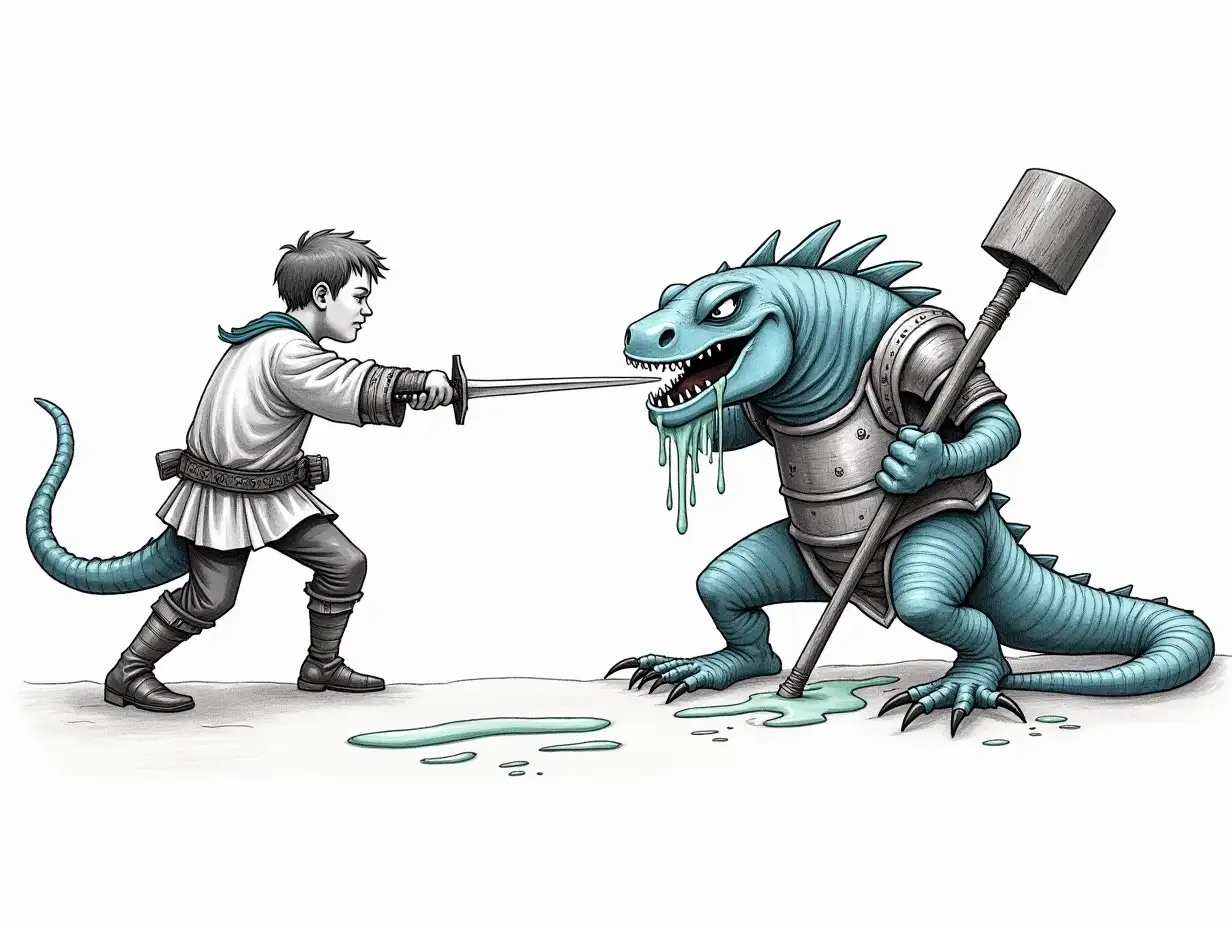 Russian hero in a Slavic shirt, thrusts a sword into a blue lizard with a snarling muzzle, dressed in armor and armed with a mace. From the wound of the lizard flows green blood. Black-and-white pencil drawing.