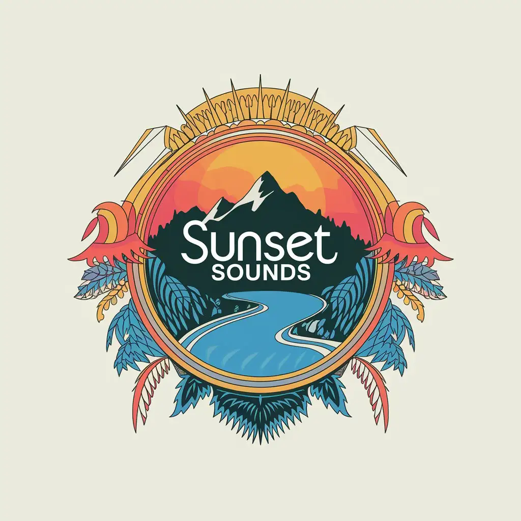 a vector logo design,with the text "Sunset Sounds", main symbol:Volga river and Zhiguli mountains in the background,complex,be used in chillout, lounge, downtempo industry,clear background