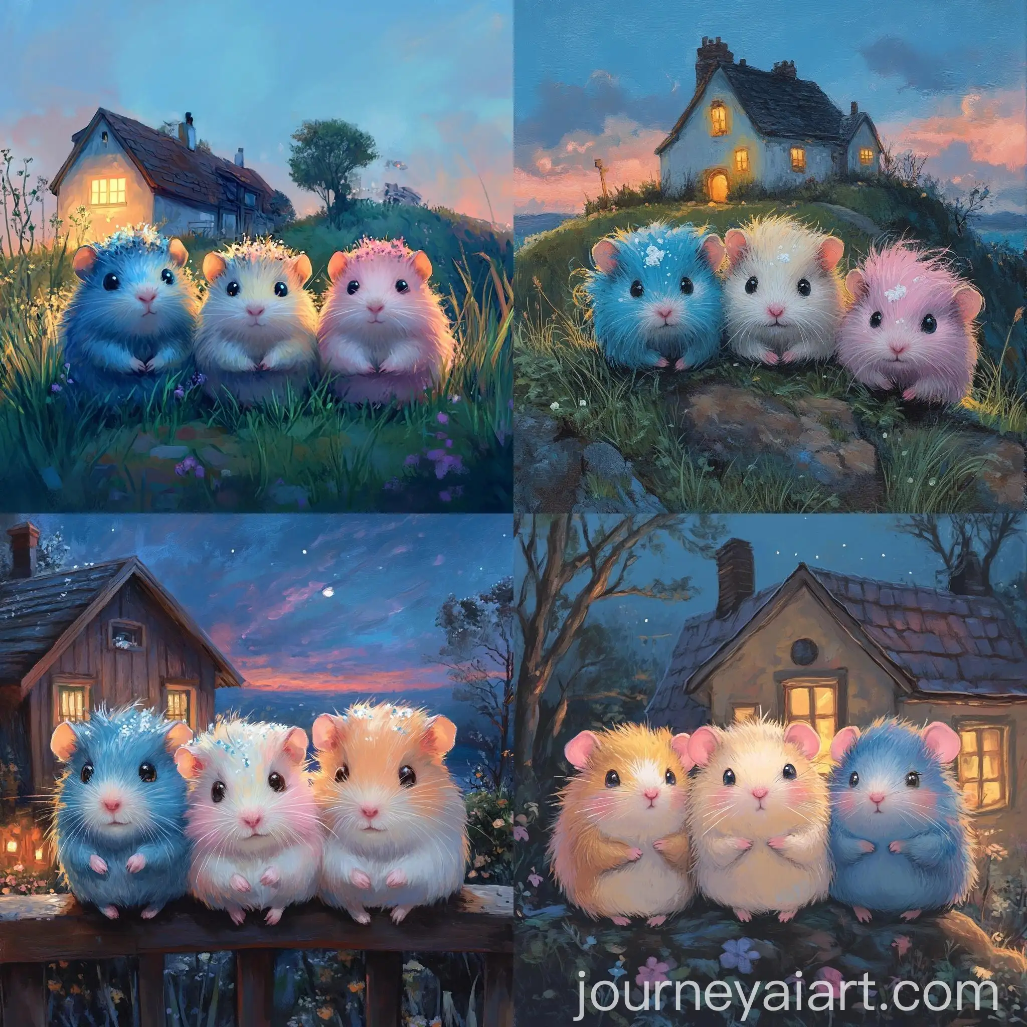 Three-Hamster-Friends-with-Colorful-Hair-and-Cozy-Hillside-Background