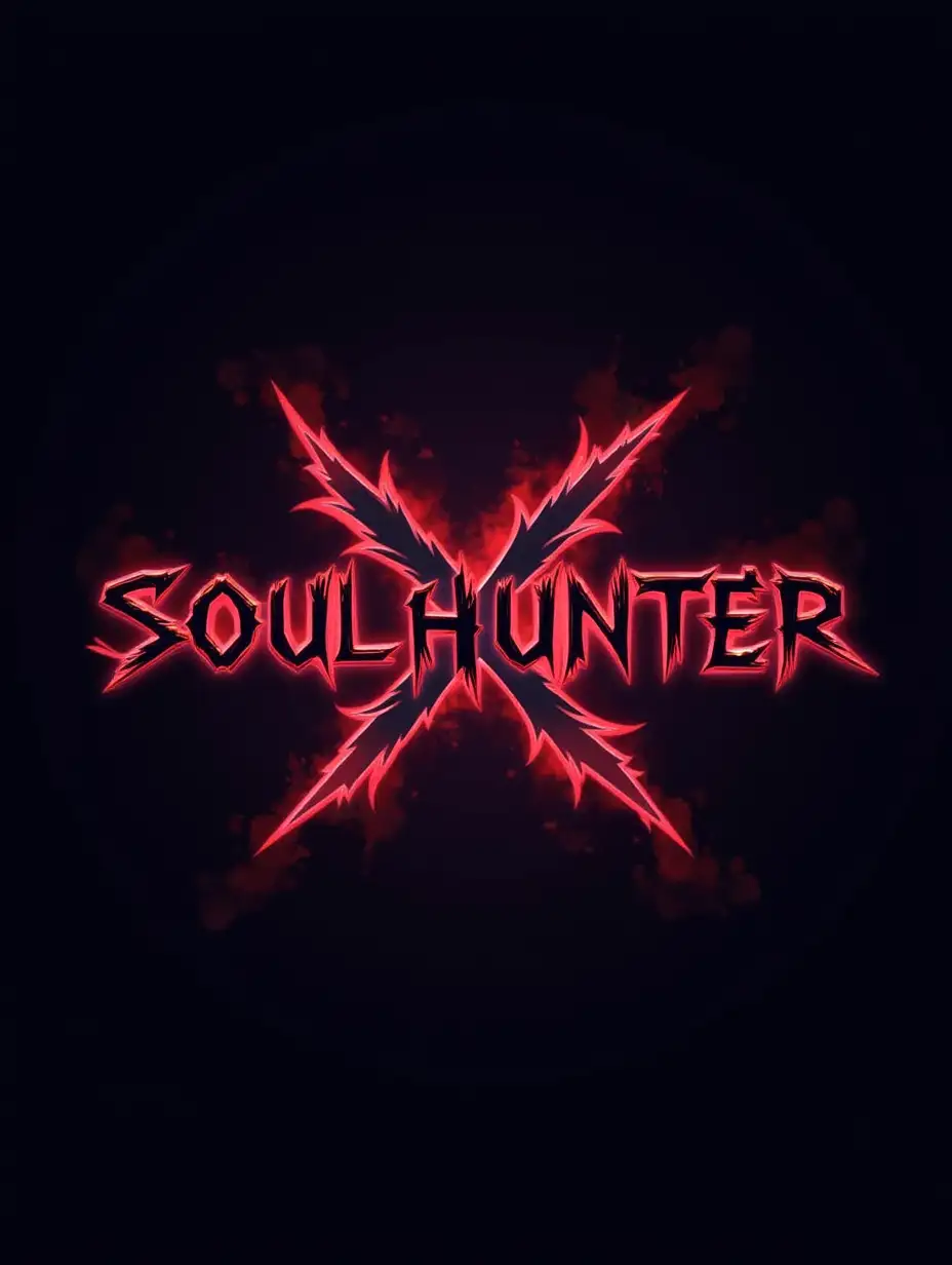 SoulHunterX, an anime-inspired brand. The logo should feature sharp, bold typography with a futuristic and mystical vibe. Incorporate a glowing, fiery effect around the text, blending shades of crimson red, black, and deep purple. Add anime-inspired elements such as a stylized scythe, ethereal flames, or a spectral aura surrounding the logo. The 'X' should stand out with a unique design, such as being slashed or glowing with energy. Use a dark, smoky background to enhance the logo's intensity and dramatic effect.