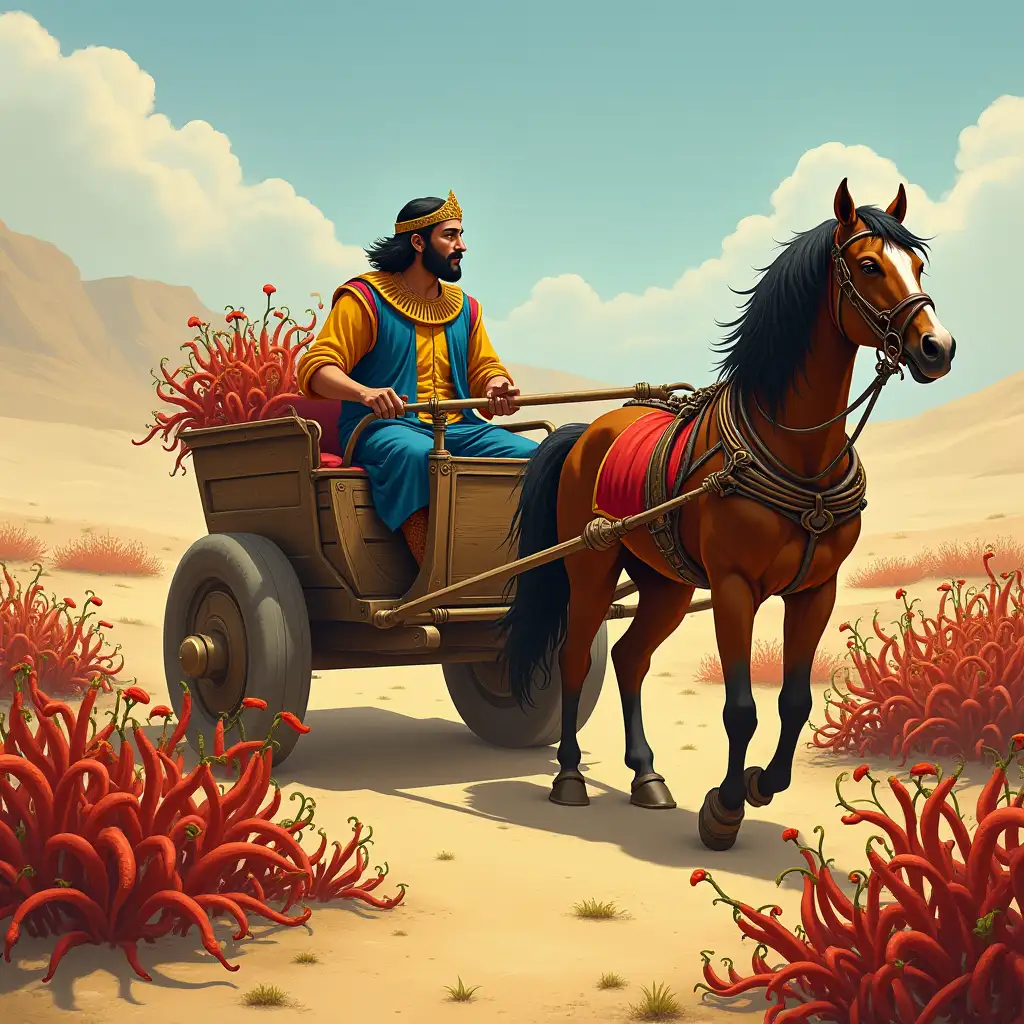 in the desert, among pepper plants, a man in a chariot, a horse lying down attached to the cart looks to the right, a horse lying down attached to the cart looks to the left, the man wears a blue clothing with a red and yellow sleeves, he has a golden crown, he looks at the horses