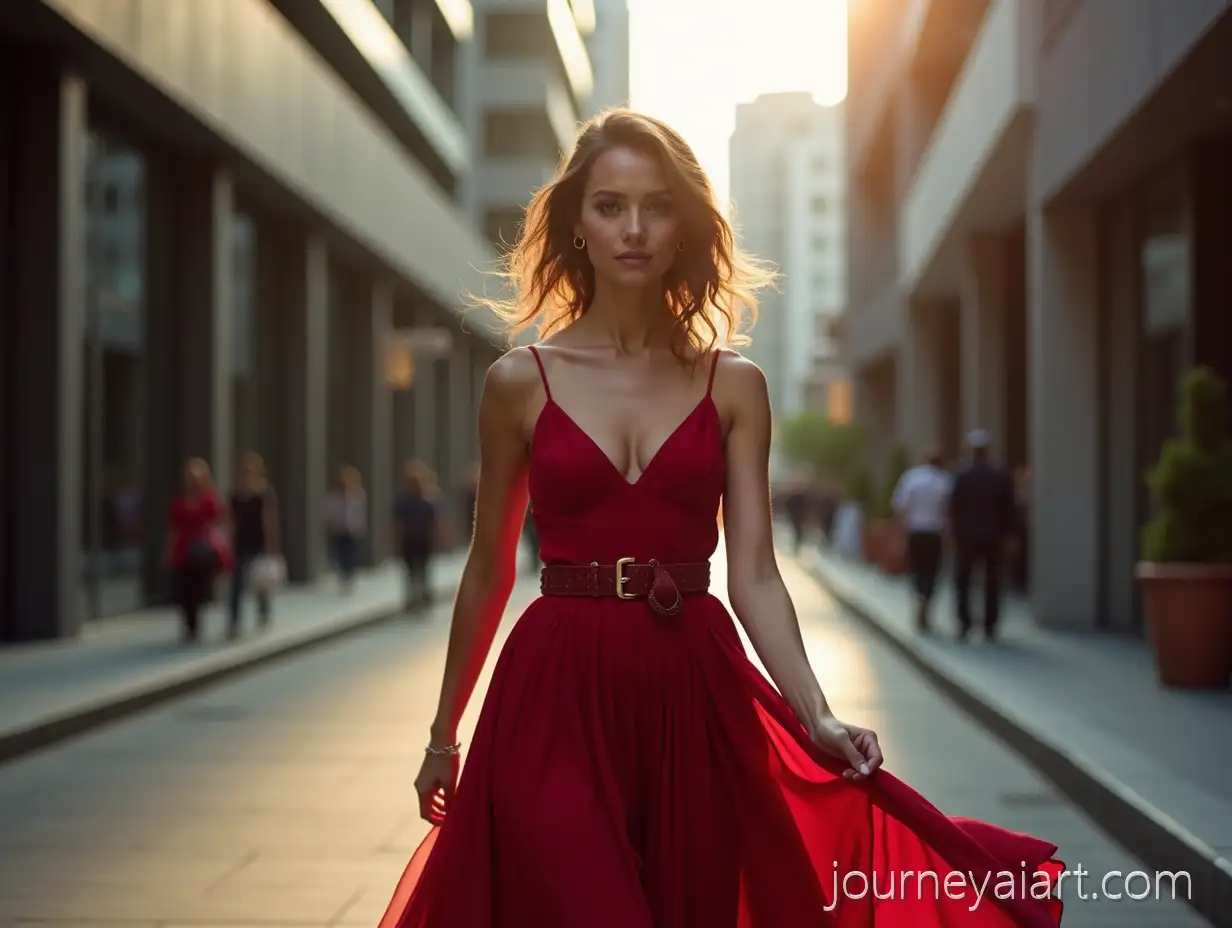 Confident-Woman-in-Flowing-Red-Gown-Walking-Through-Modern-Cityscape
