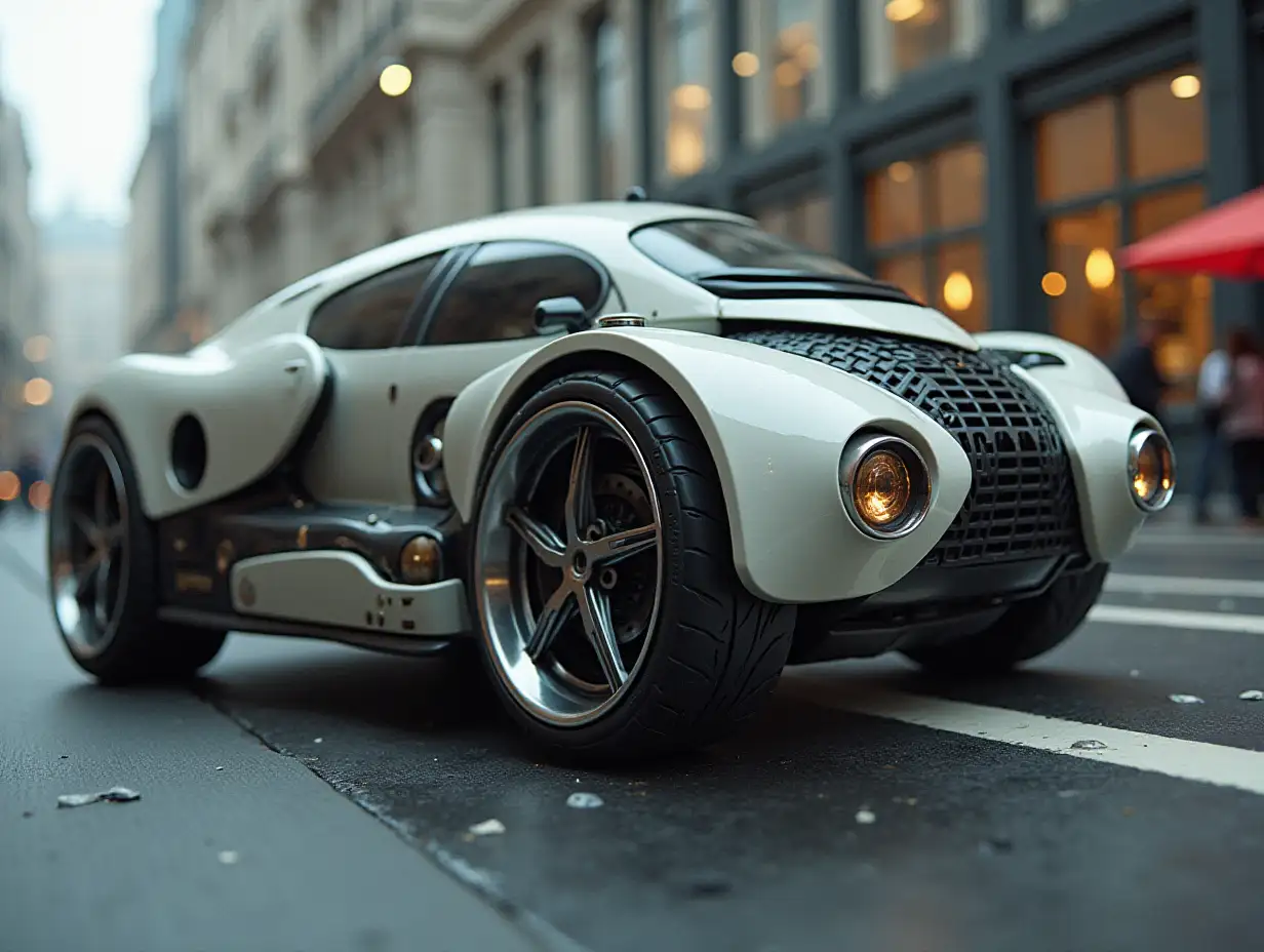 Supermodern utopian sports omnibus with gears, lowered body, 18-inch rims, aluminum wheels, creme silver black leather steering wheel, Cyberpunk.