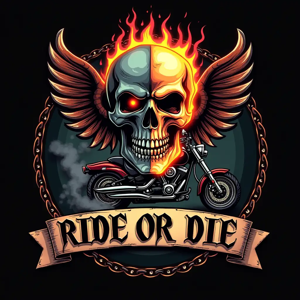 Vector. Create a biker-themed graphic featuring a skull on one side and a motorcycle engulfed in flames on the other. The skull should have a menacing expression, with glowing eyes and sharp teeth. The motorcycle should be detailed with chrome accents and smoke billowing from the exhaust pipes. The text 'RIDE OR DIE' should be prominently displayed in bold, gothic lettering, with a banner or ribbon framing it. The overall style should be gritty and intense, with a focus on dark, metallic colors and dramatic lighting. Consider adding elements like chains, skulls, and wings to enhance the biker aesthetic.