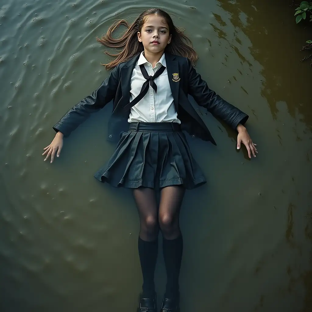 A young schoolgirl in a school uniform, in a skirt, jacket, blouse, dark tights, high-heeled shoes. She is swimming in a dirty pond, lying underwater, all her clothes are completely wet, wet clothes stick to her body, the whole body is under water, submerged in water, under the surface of the water, below the water's edge.