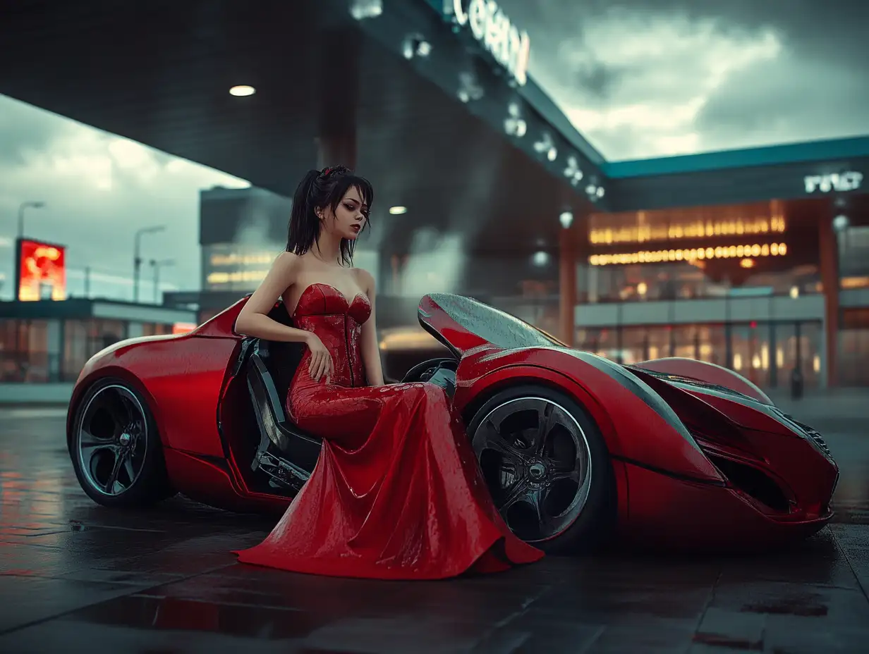 Surreal-European-Cat-Girl-in-Evening-Dress-Wins-Cyberpunk-Car