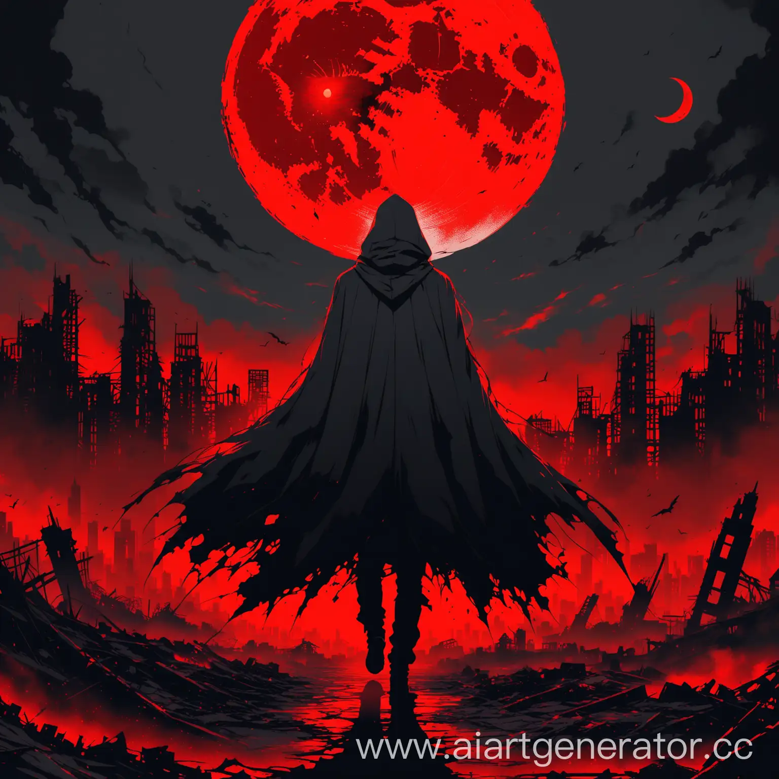 Red-Moon-Over-Destroyed-City-with-Hooded-Figure-in-Gray-Cloak