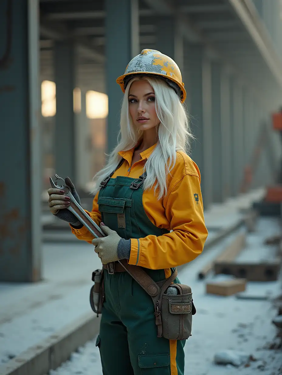 This realistic photograph shows an elegant young hot woman with incredibly beautiful breasts, white hair, white skin in cinematic lighting, high contrast, standing confidently in the snow, she is dressed in a yellow and green work uniform in the middle of an organized work site tightening a part with a large wrench, surrounded by construction tools and equipment against a background of steel beams, concrete floors and partially built structures, lit with soft, warm light, complex detailed lighting. The image is of exceptional high quality, with sharp details and vivid colors that really bring the subject to life. The scene comes alive with vivid colors and intricate details, creating a realistic and exciting picture that exudes a sense of grace and hard work.