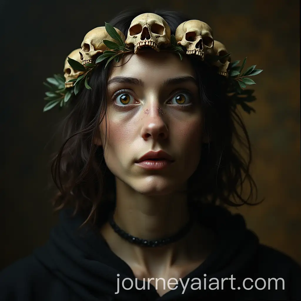 Dark-Renaissance-Portrait-of-Androgynous-Figure-with-Skull-and-Olive-Twig-Garland