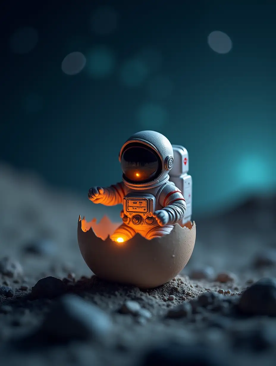 Tiny Astronaut Hatching from Egg on Moon with Bokeh Lights