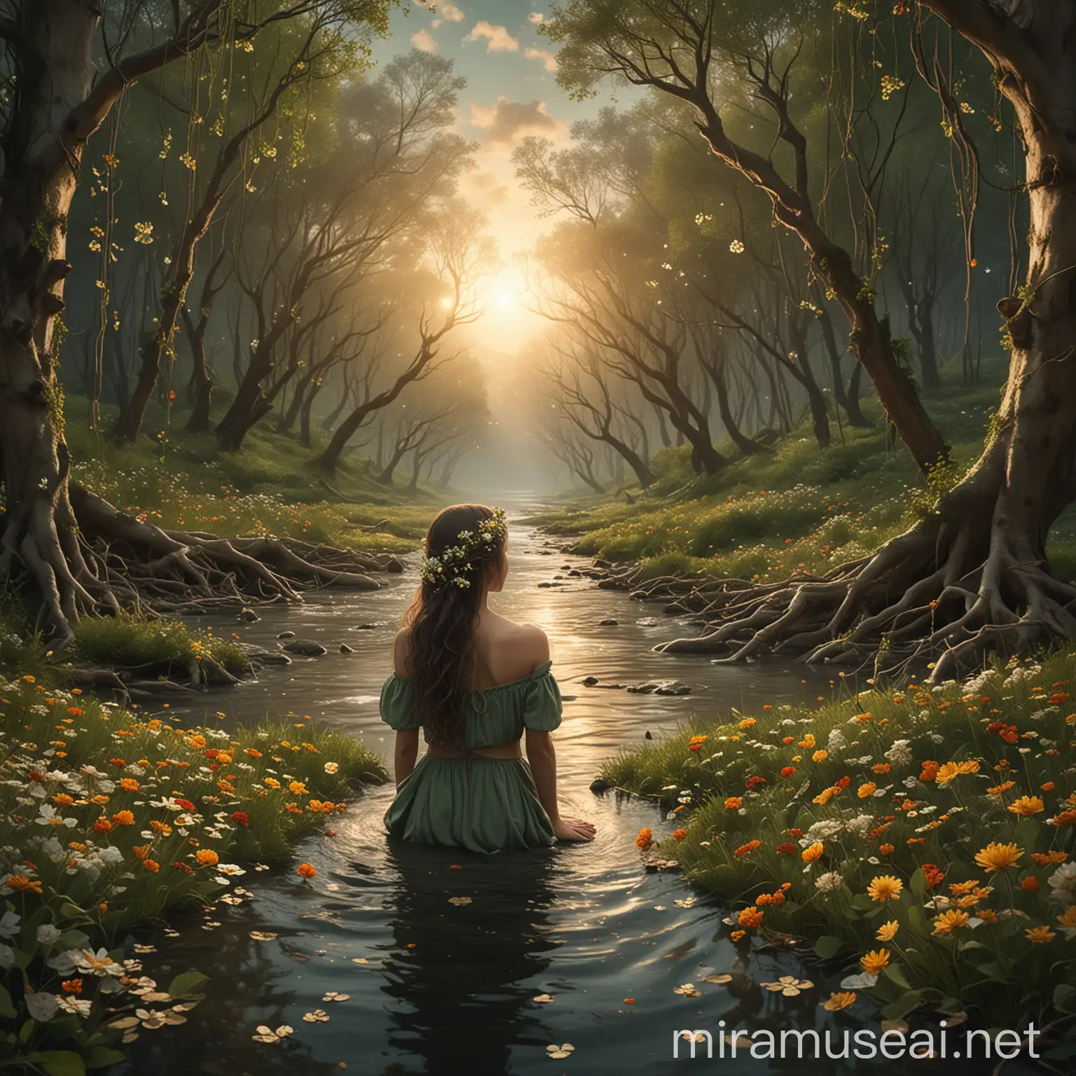 Enchanted Forest with Spiraled Leaves and Flower Girl in Polluted River