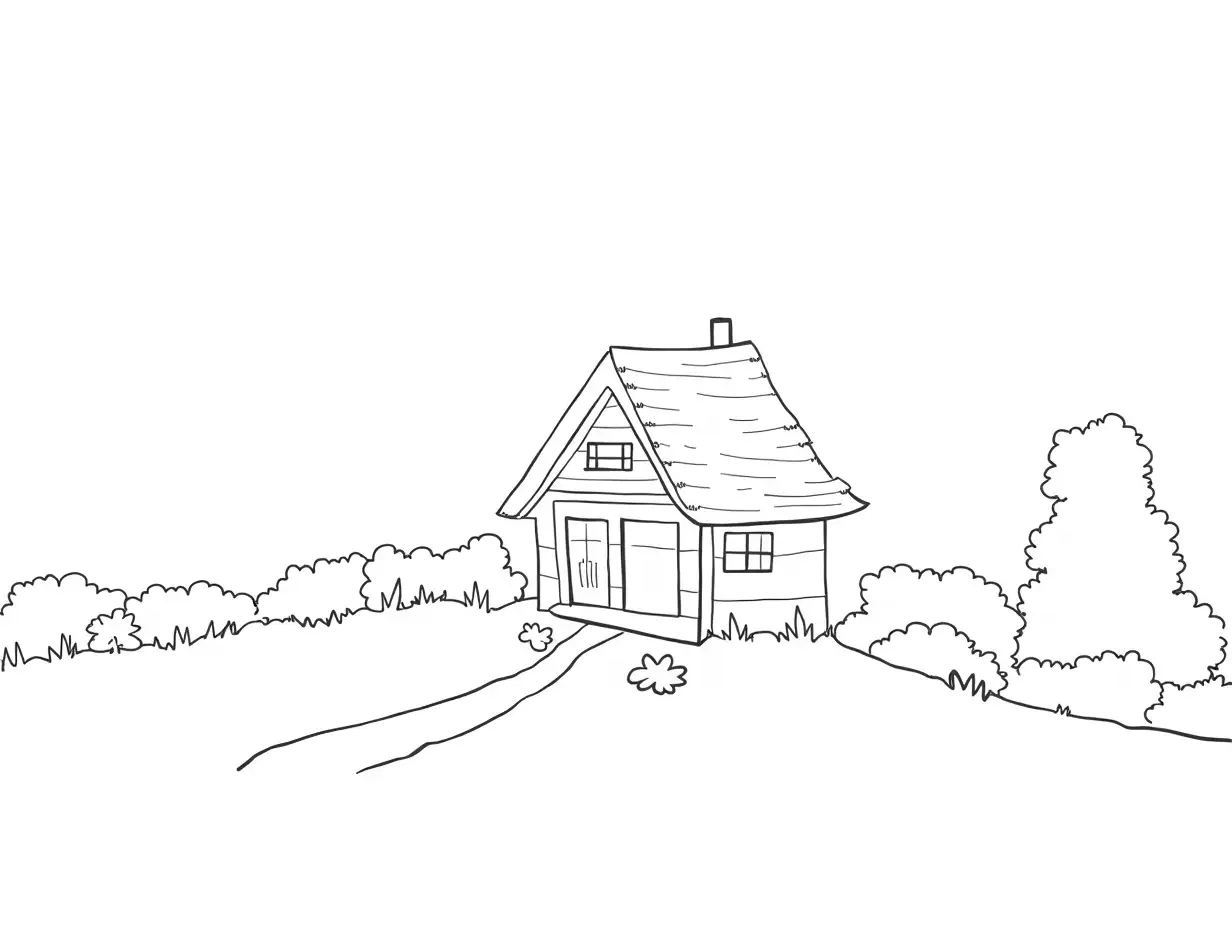 House in the Garden: Black and white line art drawing A small house surrounded by flowers, trees, and a garden path, 2d white background with big shapes for easy coloring. These designs are made with bold lines and large shapes to ensure they are simple and enjoyable for young children to color.