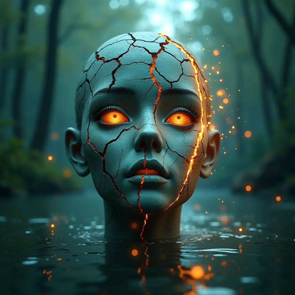 Surreal cracked face, glowing golden fissures, ethereal forest background, floating above rippling water, magical orbs of light, reflections, dark teal atmosphere, mystical energy, intricate details, photorealistic render, cinematic lighting, 8K resolution, digital art masterpiece