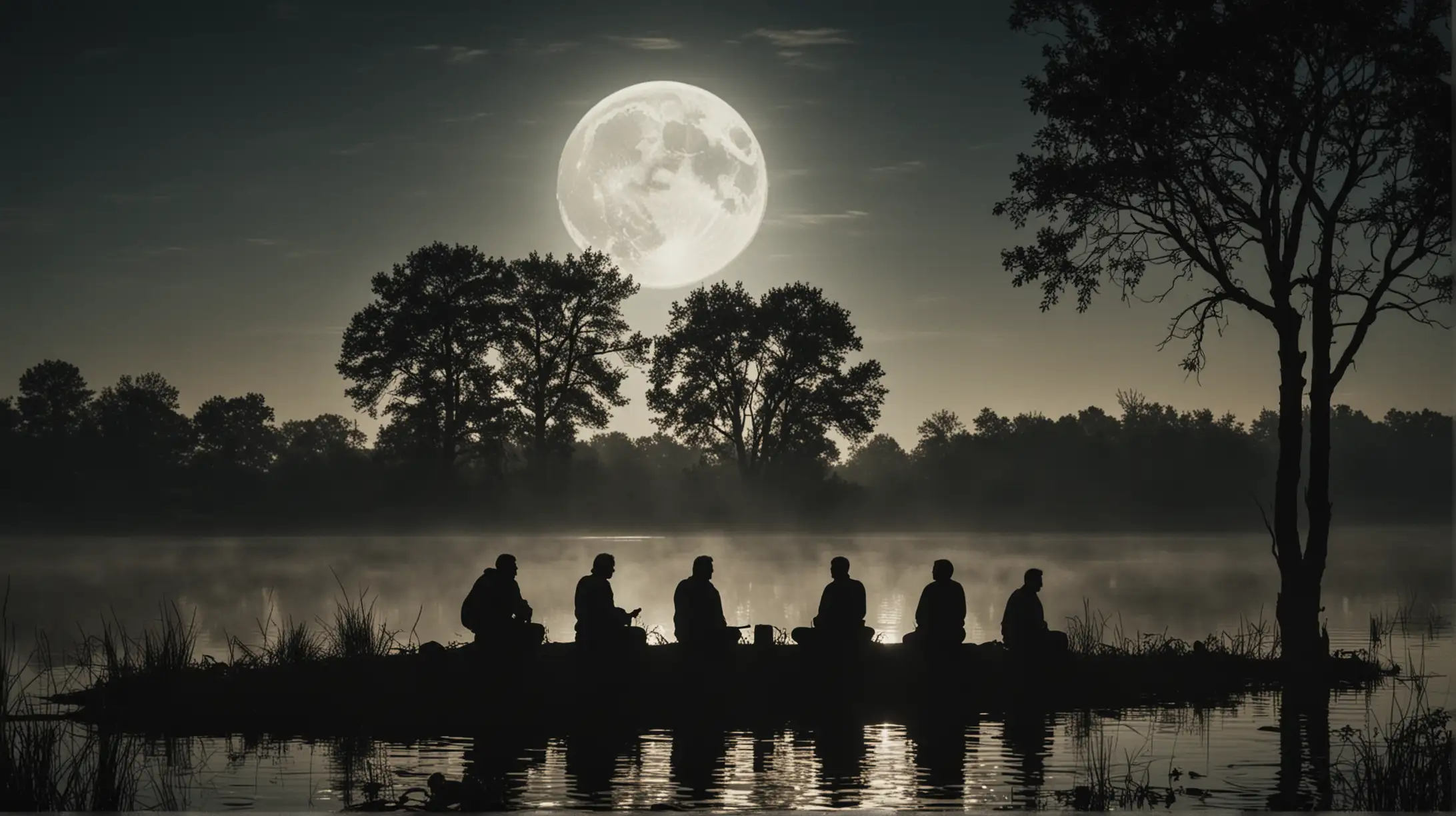 Silhouetted Men by Lake with Moon and Trees Biblical Era Scene