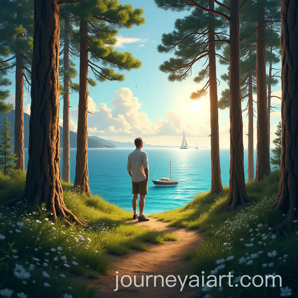 Elderly-Man-Contemplating-Pine-Forest-with-Ocean-View