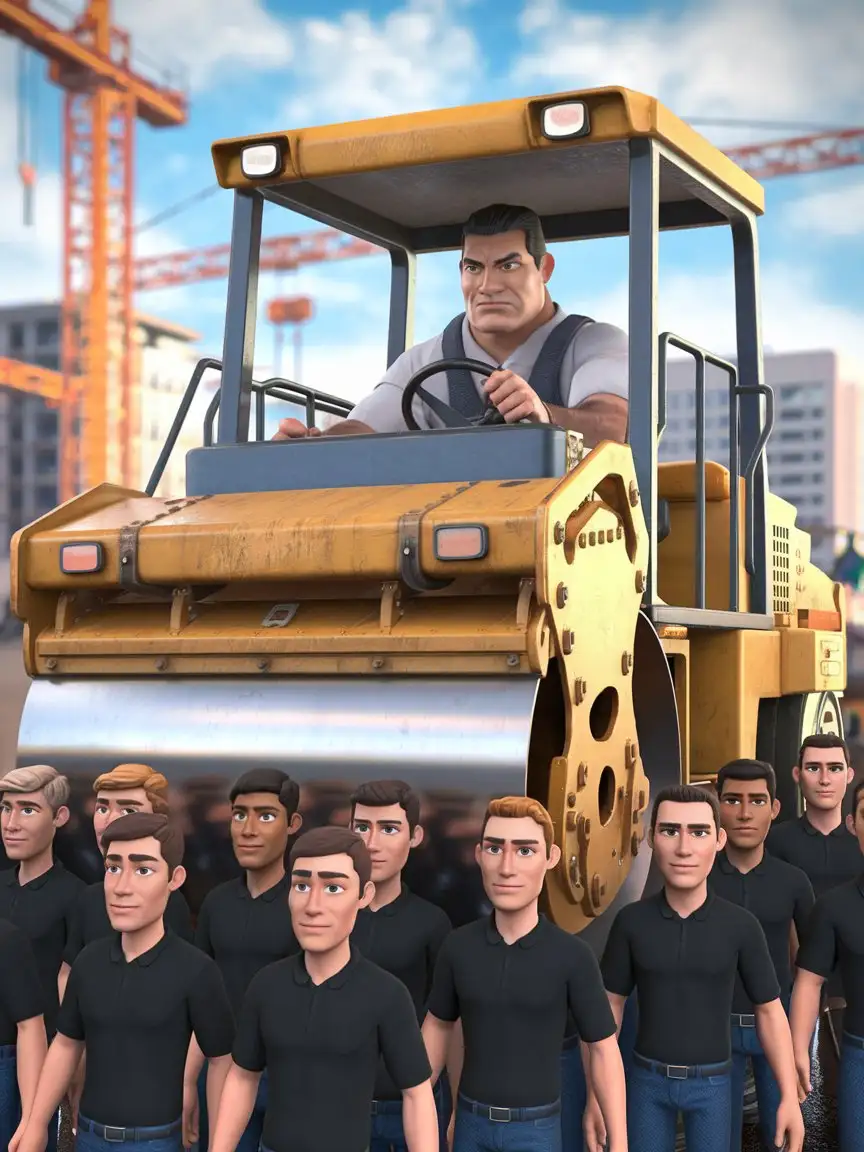 Realistic-3D-Animation-of-a-Big-Asphalt-Roller-Running-Over-People-in-Black-TShirts