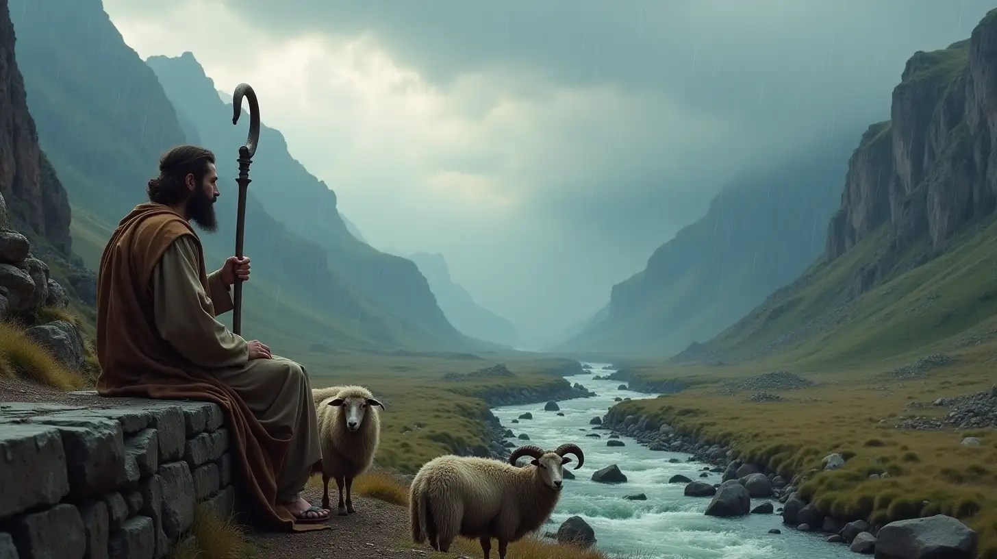 Biblical Era Shepherd Overlooking Sheep by a Mountain River