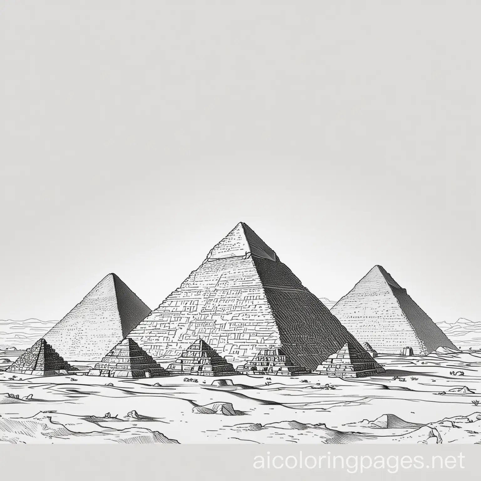 The Pyramids of Giza, Coloring Page, black and white, line art, white background, Simplicity, Ample White Space. The background of the coloring page is plain white to make it easy for young children to color within the lines. The outlines of all the subjects are easy to distinguish, making it simple for kids to color without too much difficulty