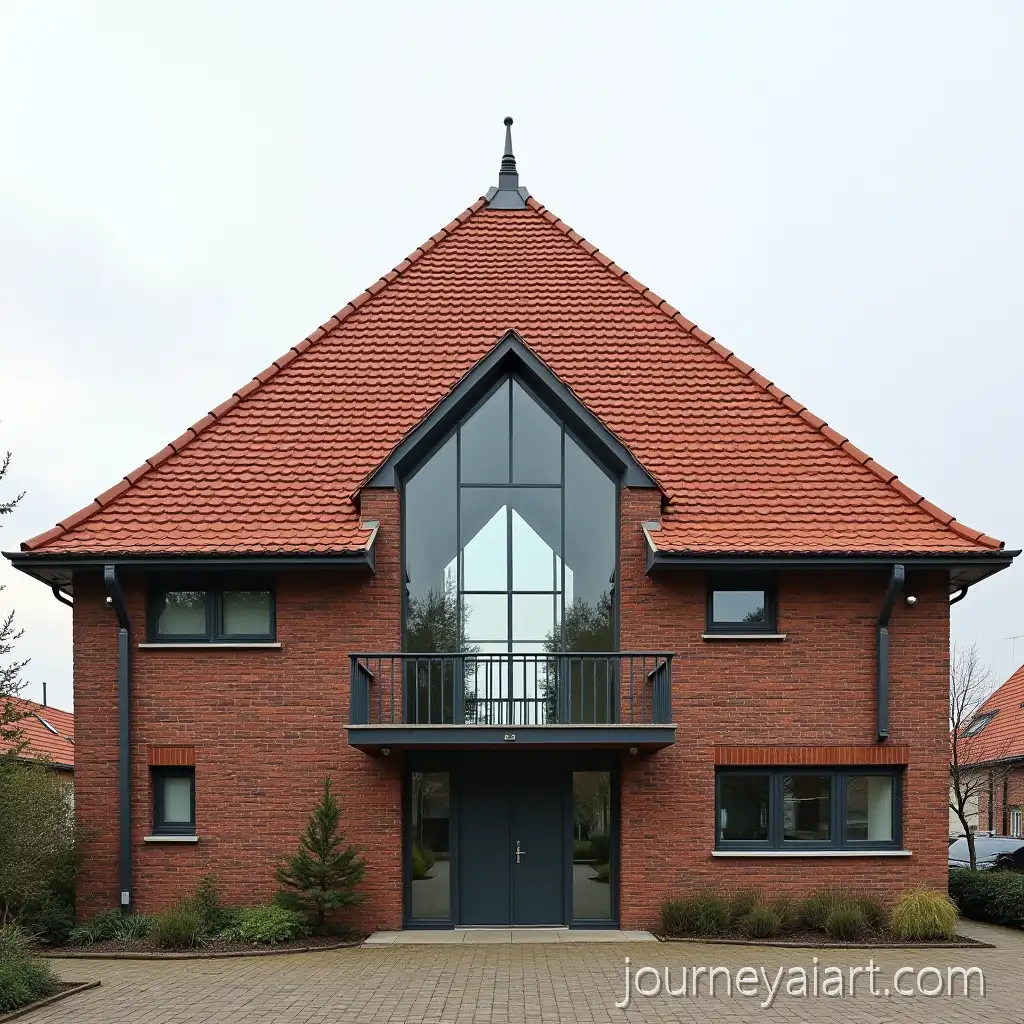 Facade-of-Brick-Building-with-Pyramidal-Roof-and-Glass-Corridor