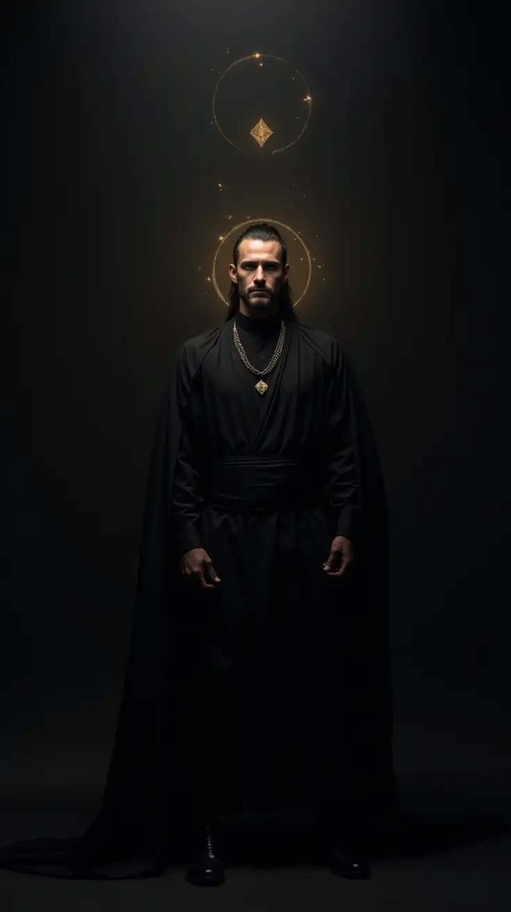 A powerful studio portrait of a male druid standing tall, dressed in flowing black ceremonial robes or high-fashion black clothing. The background is a dark, seamless matte black or deep charcoal gradient. Subtle soft lighting from above creates a halo-like glow around the figure, illuminating their face and hands while keeping the rest in gentle shadow. Their expression is calm, centred, and sovereign. Symbols of energetic protection—such as a faint circular aura, subtle gold geometric lines, or a shadowy crescent moon—are lightly integrated around them. The image should evoke mystery, presence, and grounded authority.