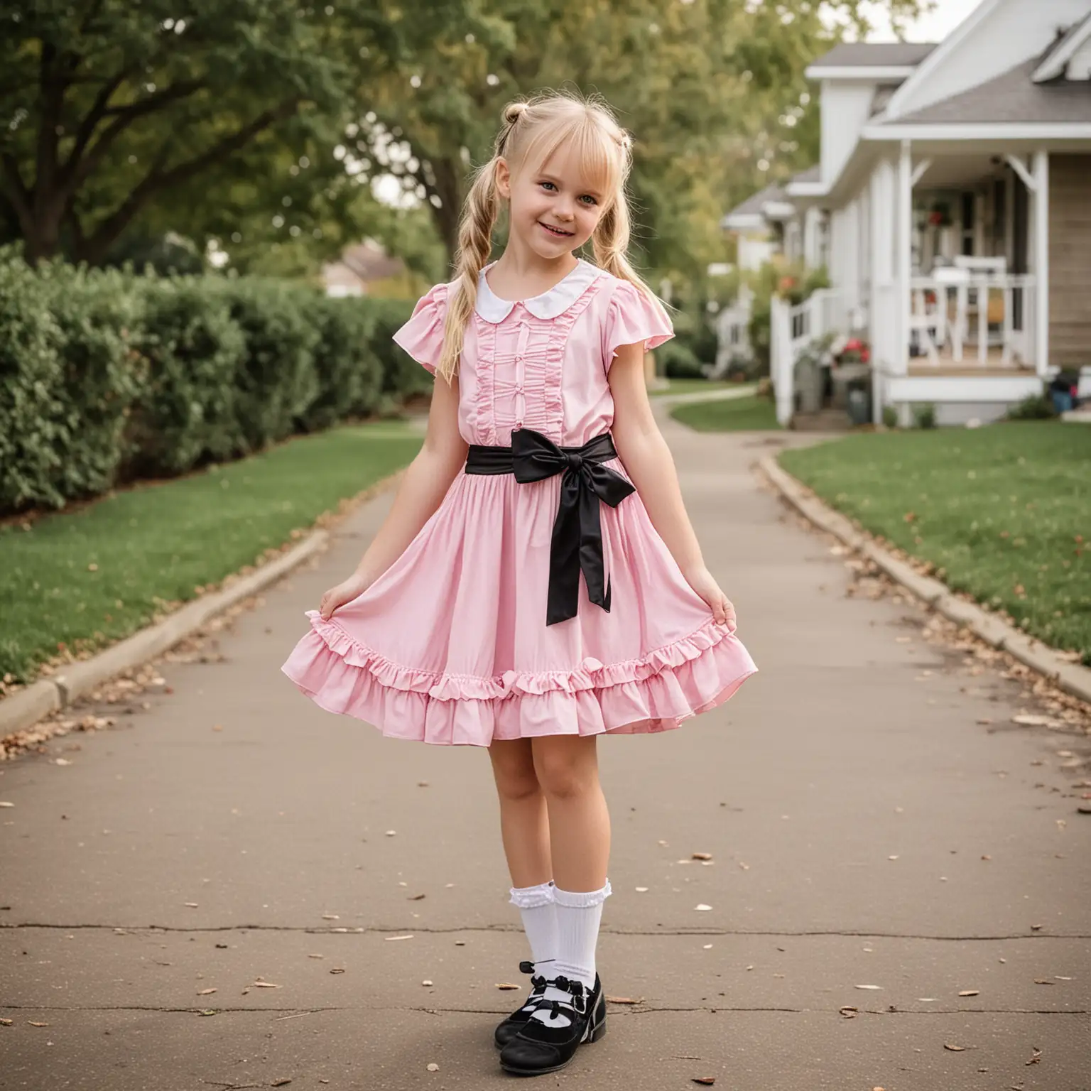 eight year old girl, pink dress, frilly dress, blonde, pigtails, white frilly ankle socks, black mary jane shoes, sash, curtsy. short dress, cute and girly pose, outside, frills, twirling